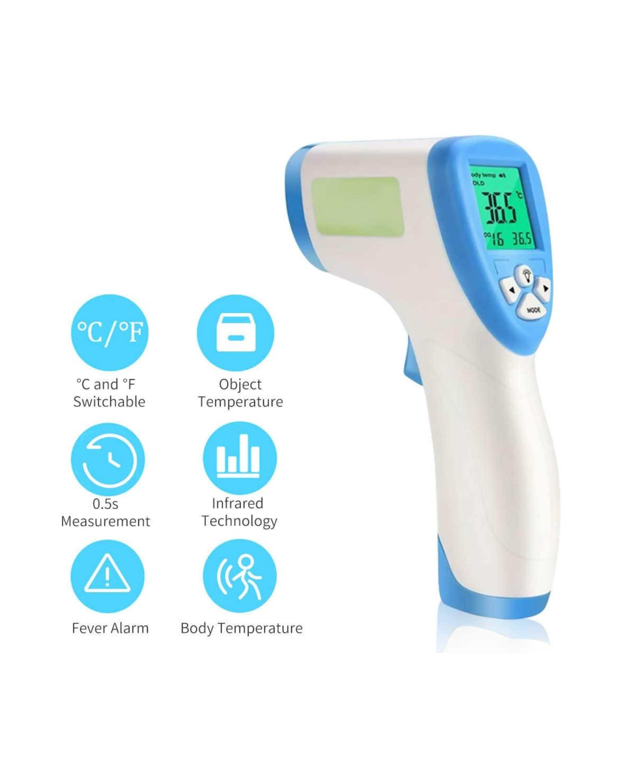 Non-contact thermometer gun with buttons and LCD reading 36.5