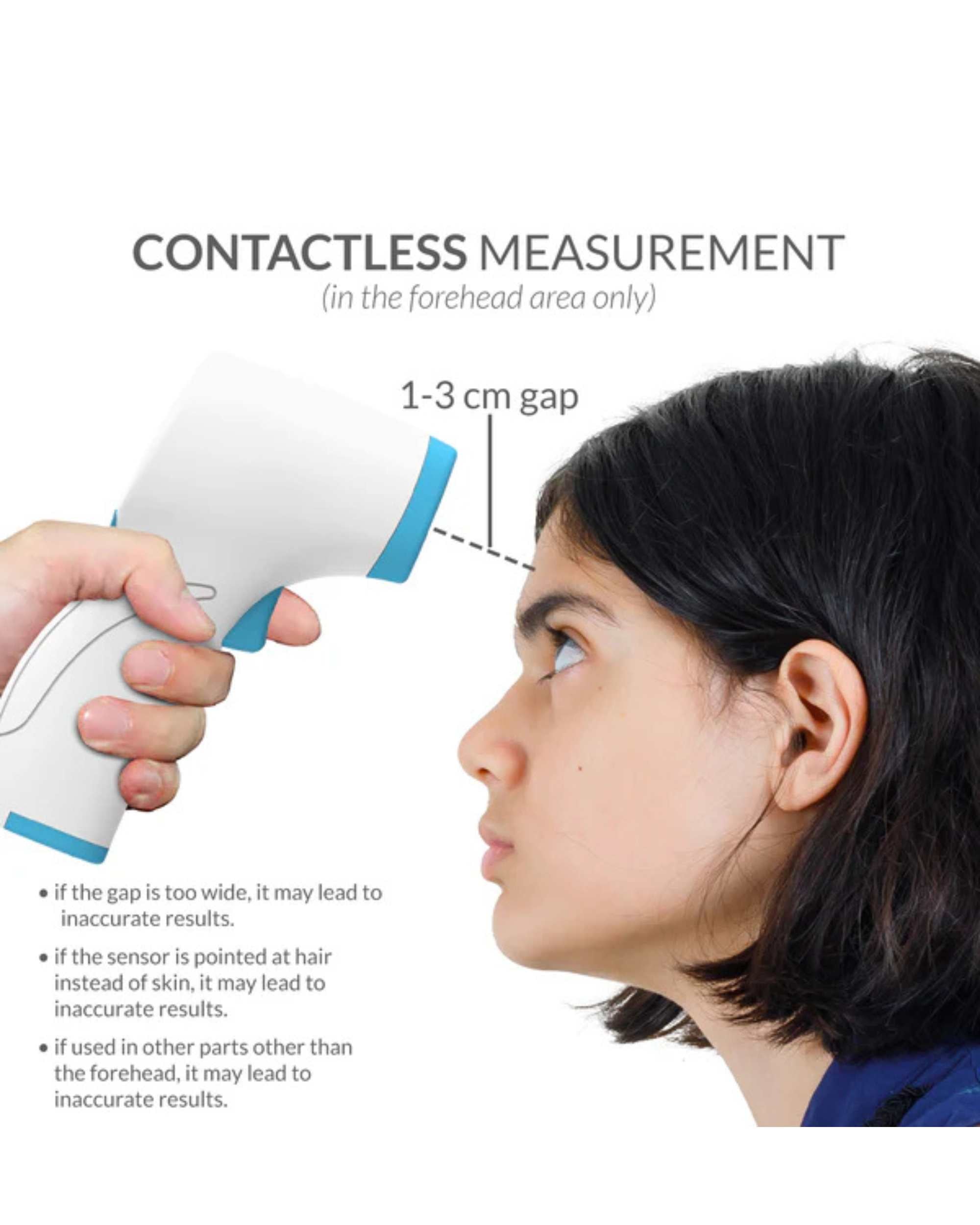 Non-contact infrared thermometer gun held near forehead for touchless temperature