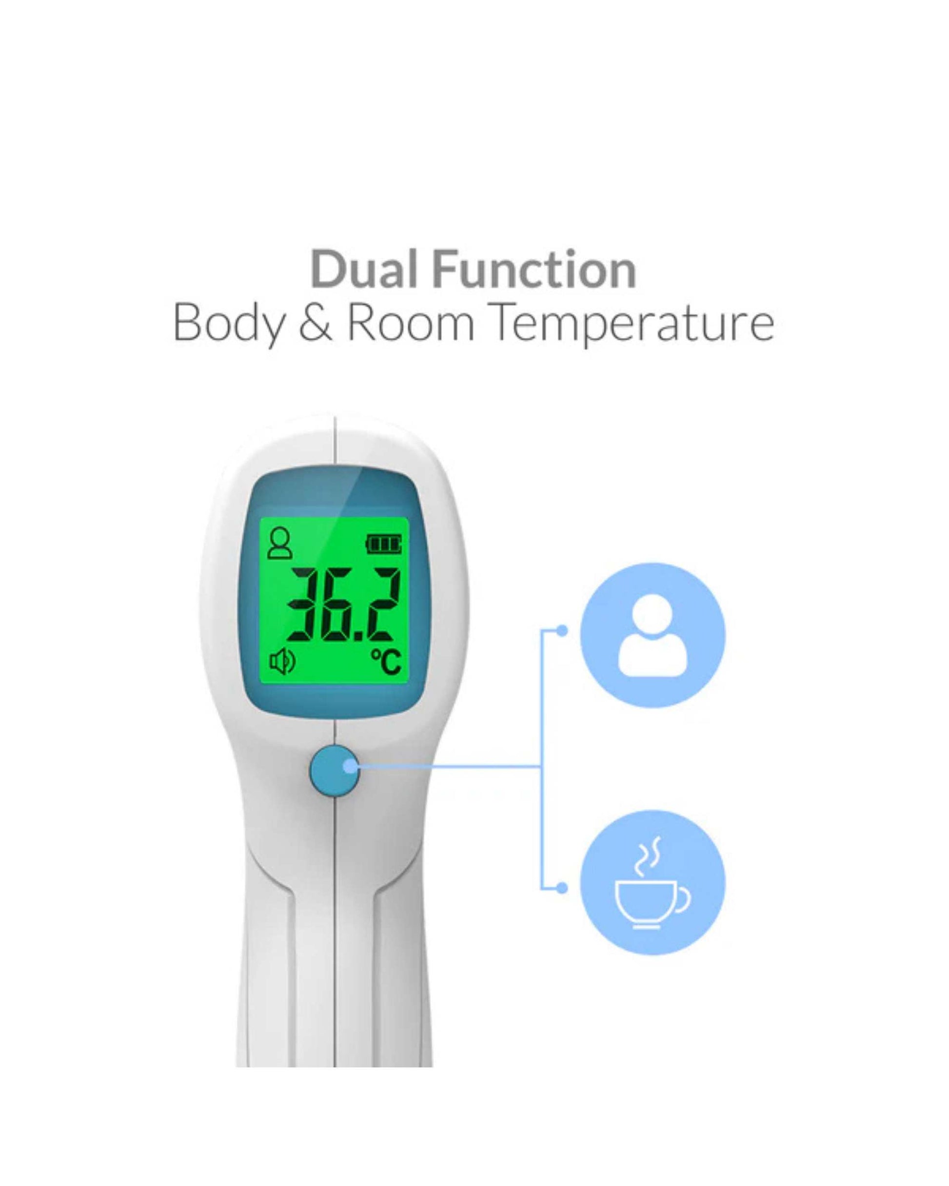Thermometer gun showing dual body and room temperature on LCD