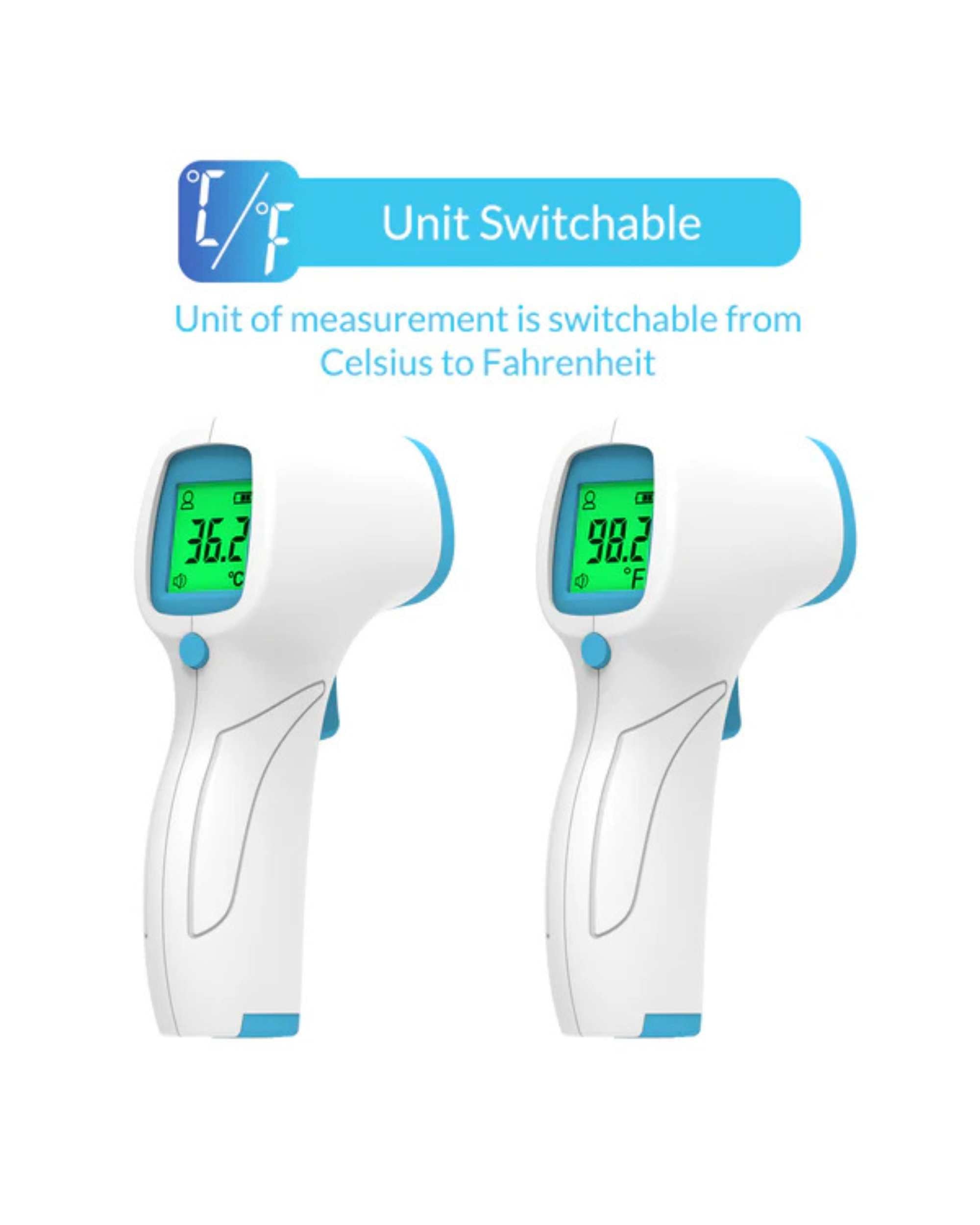Thermometer gun with unit switch showing Celsius and Fahrenheit readings
