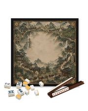 Square mahjong table mat with tea-road landscape print and black frame, used with tiles