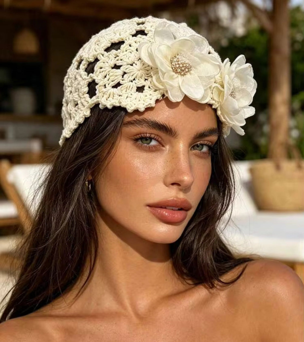 Cream crochet lace bucket cap with organza flower band and textured brim