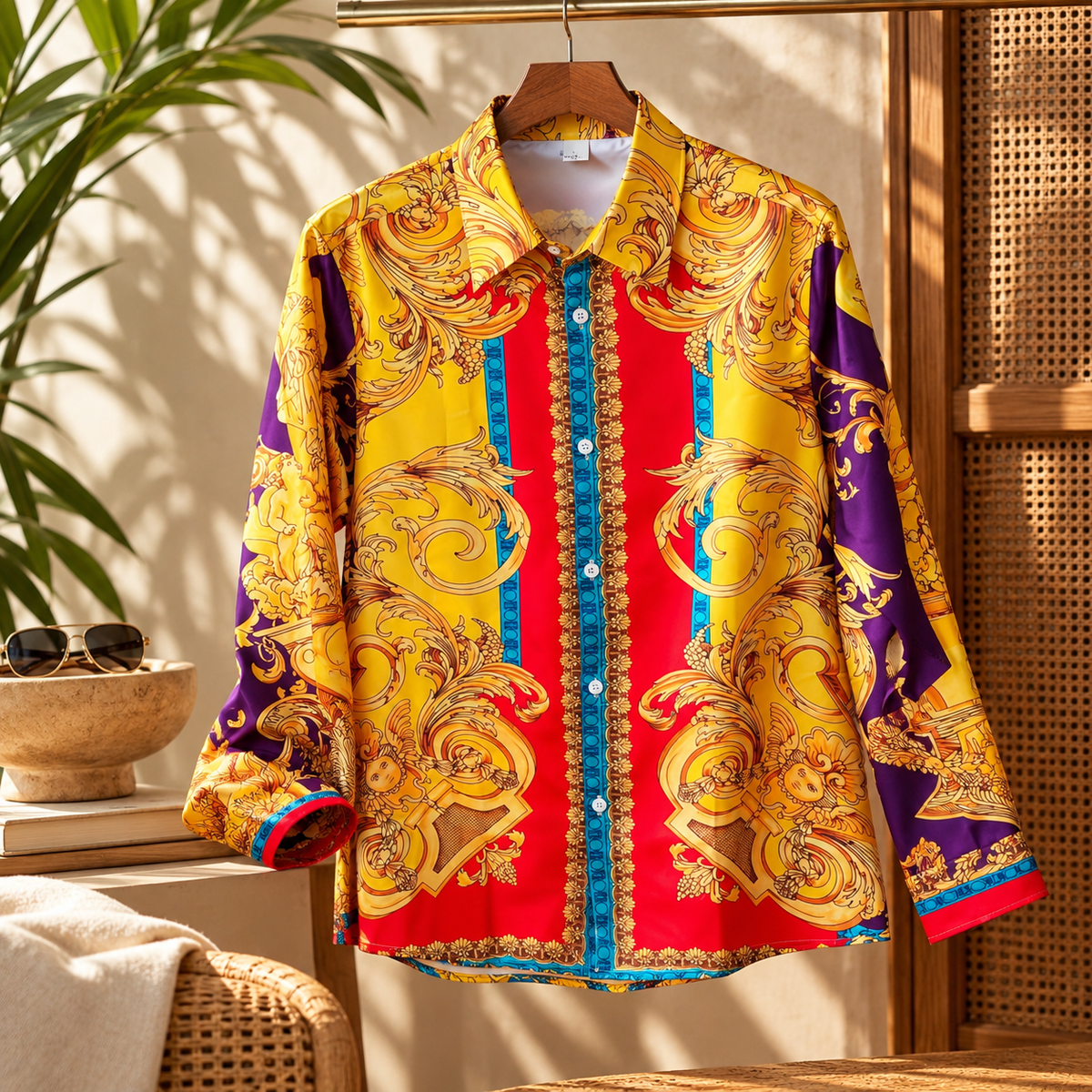 Premsons® Men's Printed Full Sleeve Button- Ornate Baroque Satin Shirt