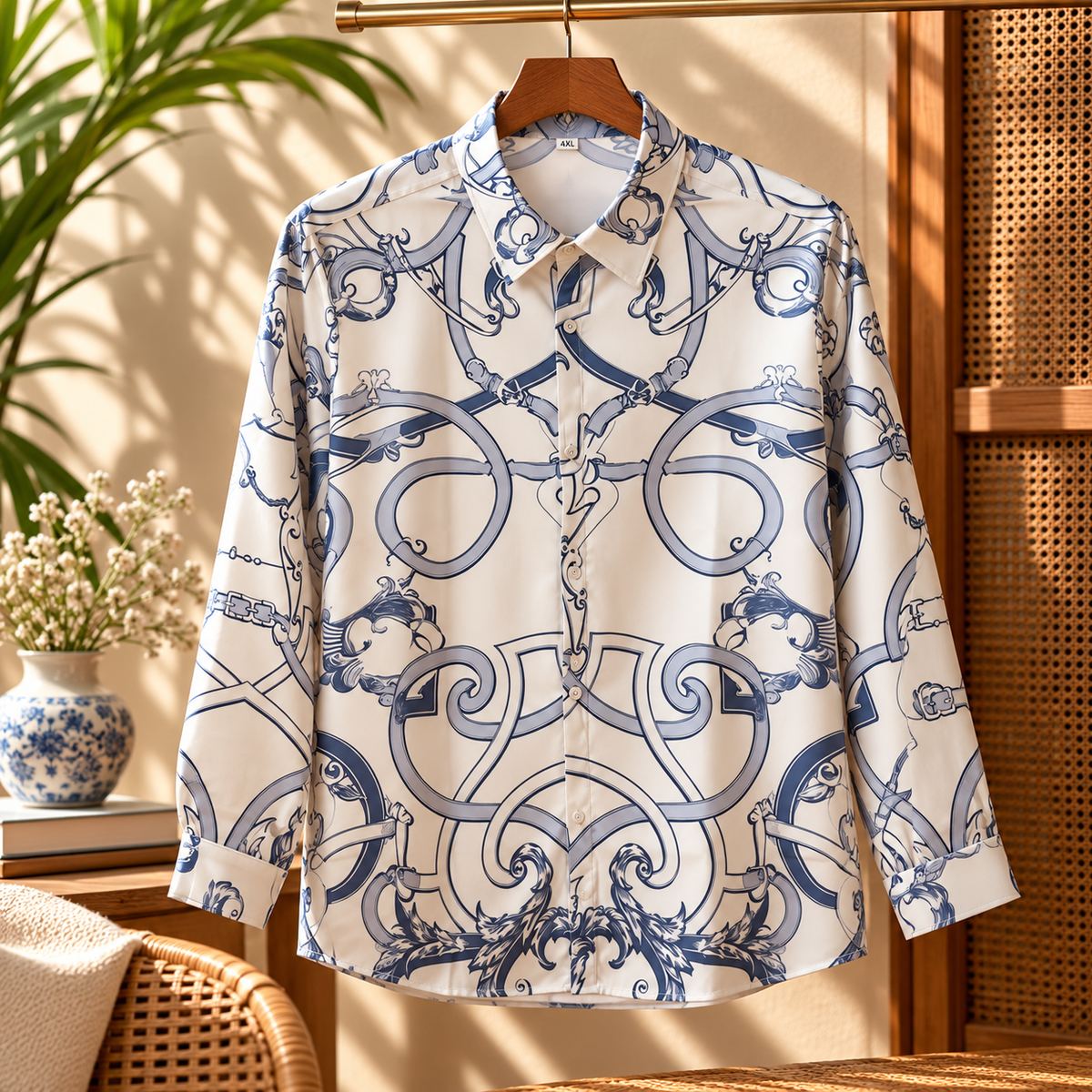 Men's long-sleeve button-up shirt with an ornate blue baroque print on a light base