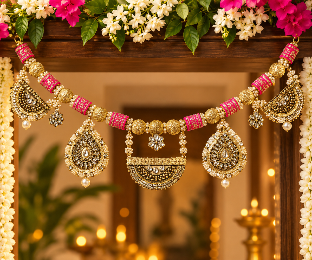 Gold and diamond-studded toran door hanging with pink floral accents and dangling ornaments