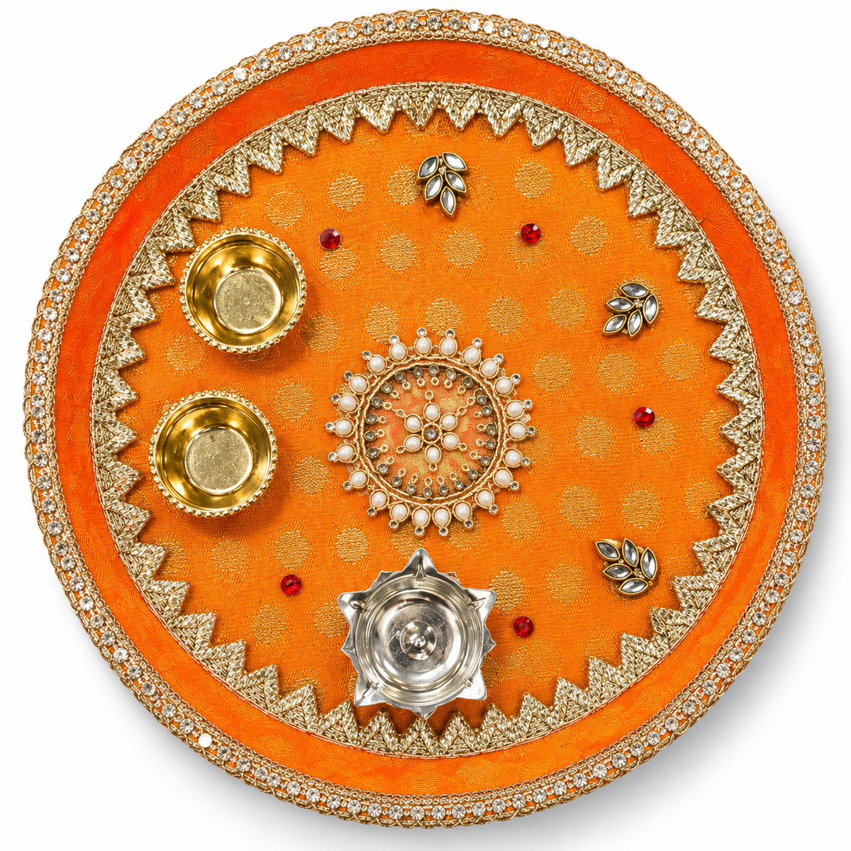 Ornate orange pooja thali with gold beaded rim and small brass diyas