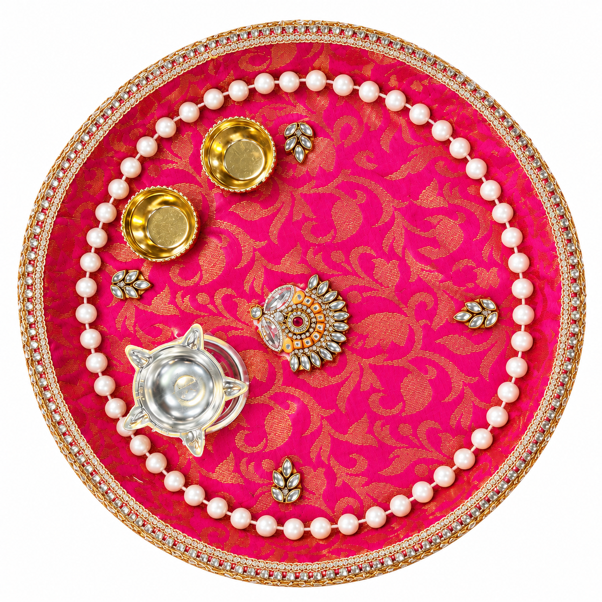 Round pooja thali with pink floral pattern, gold rim and border, pearl edge, gold and silver accents.