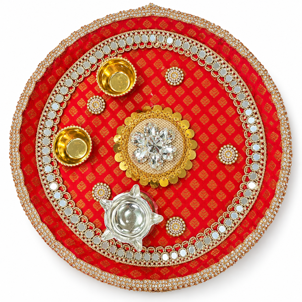 Premsons® ornate red and gold pooja thali with jeweled rim, silver centerpiece, gold diya holders