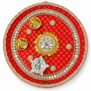 Premsons® ornate red and gold pooja thali with jeweled rim, silver centerpiece, gold diya holders