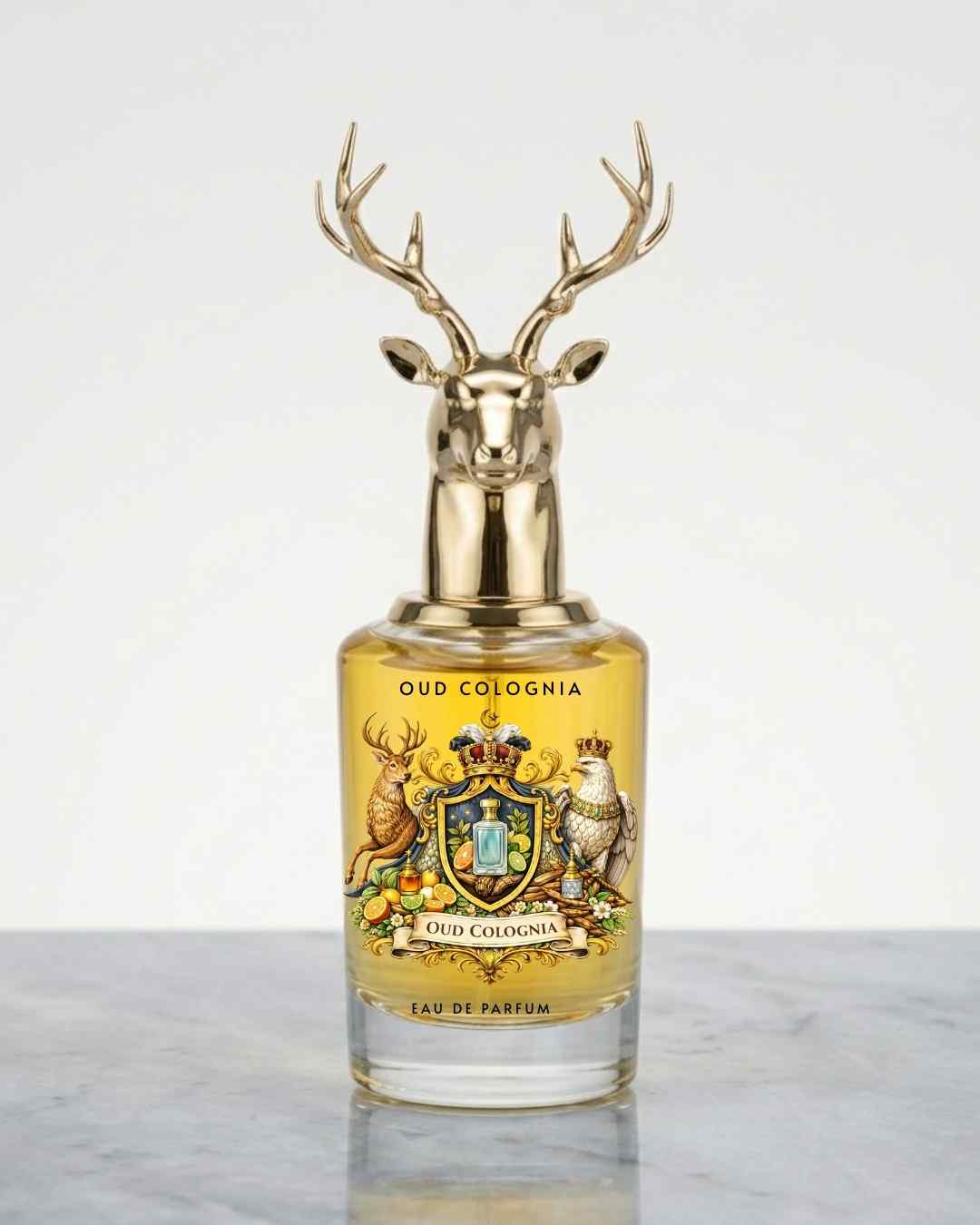 Oud Colonia eau de parfum bottle with gold deer antler cap and amber label