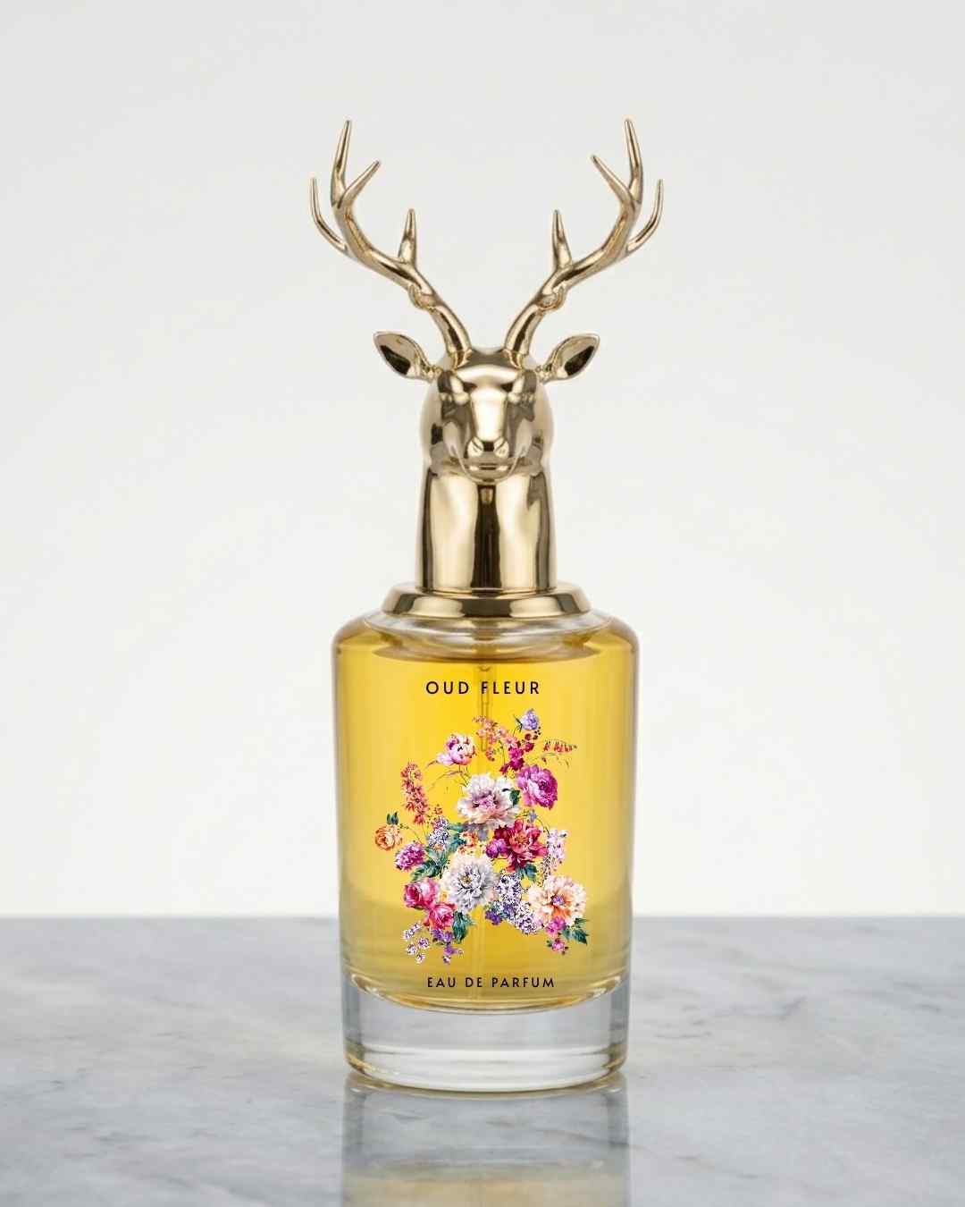 Eau de parfum bottle with gold deer antler cap and amber glass, floral label