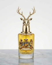 Eternia Oud Immortal eau de parfum bottle with gold deer-antler cap and amber liquid