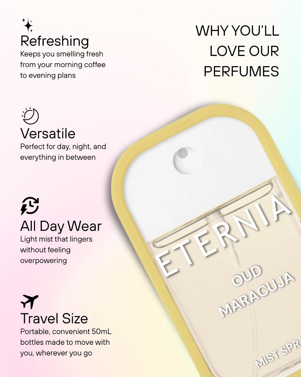 Eternia® Oud Maracuja Perfume Mist Spray – Oud, Passionfruit & Warm Amber | Long-Lasting 50ml Unisex Fragrance Spray