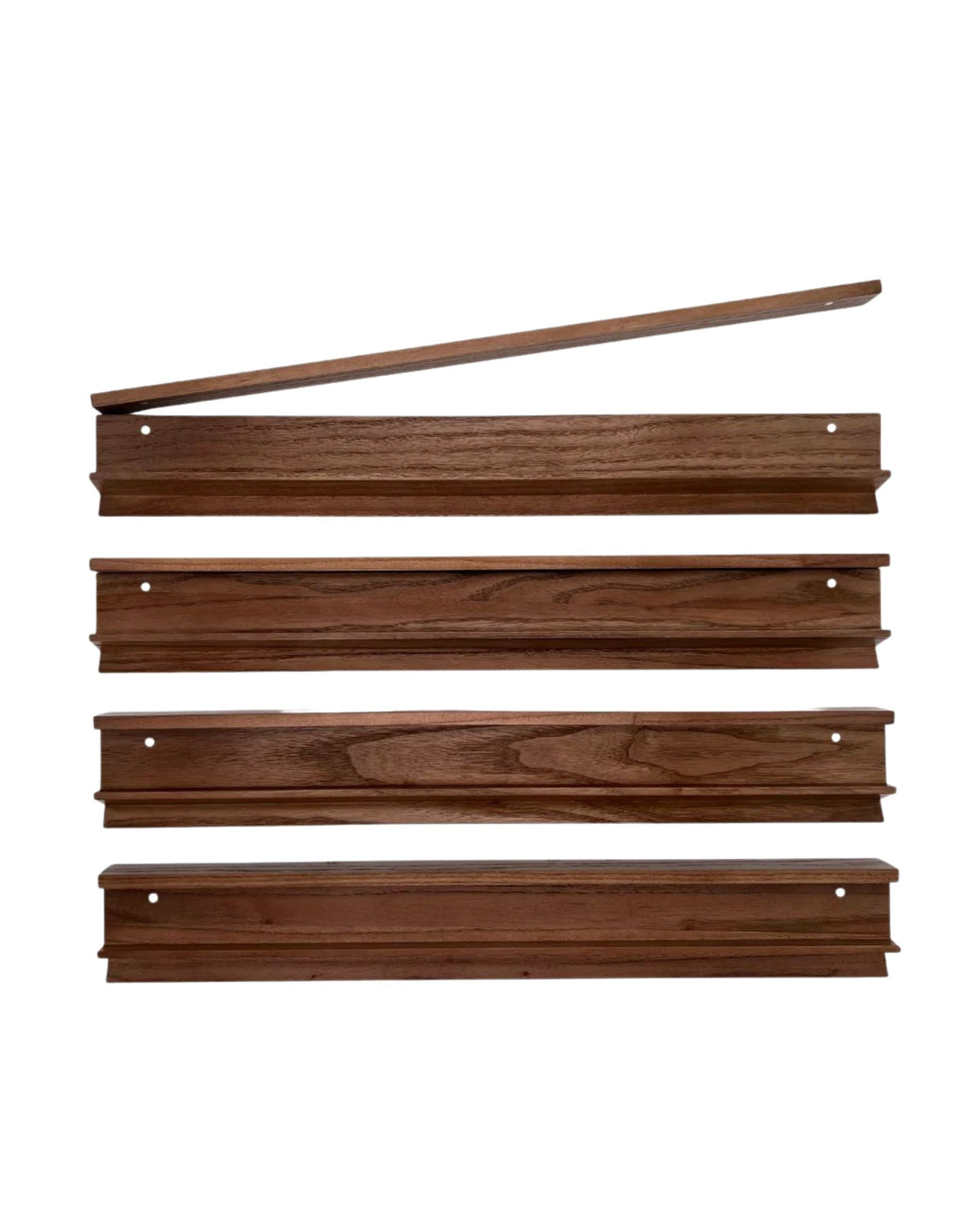 Four dark brown wooden shelf brackets with a matching wooden shelf span shown on a plain white background.