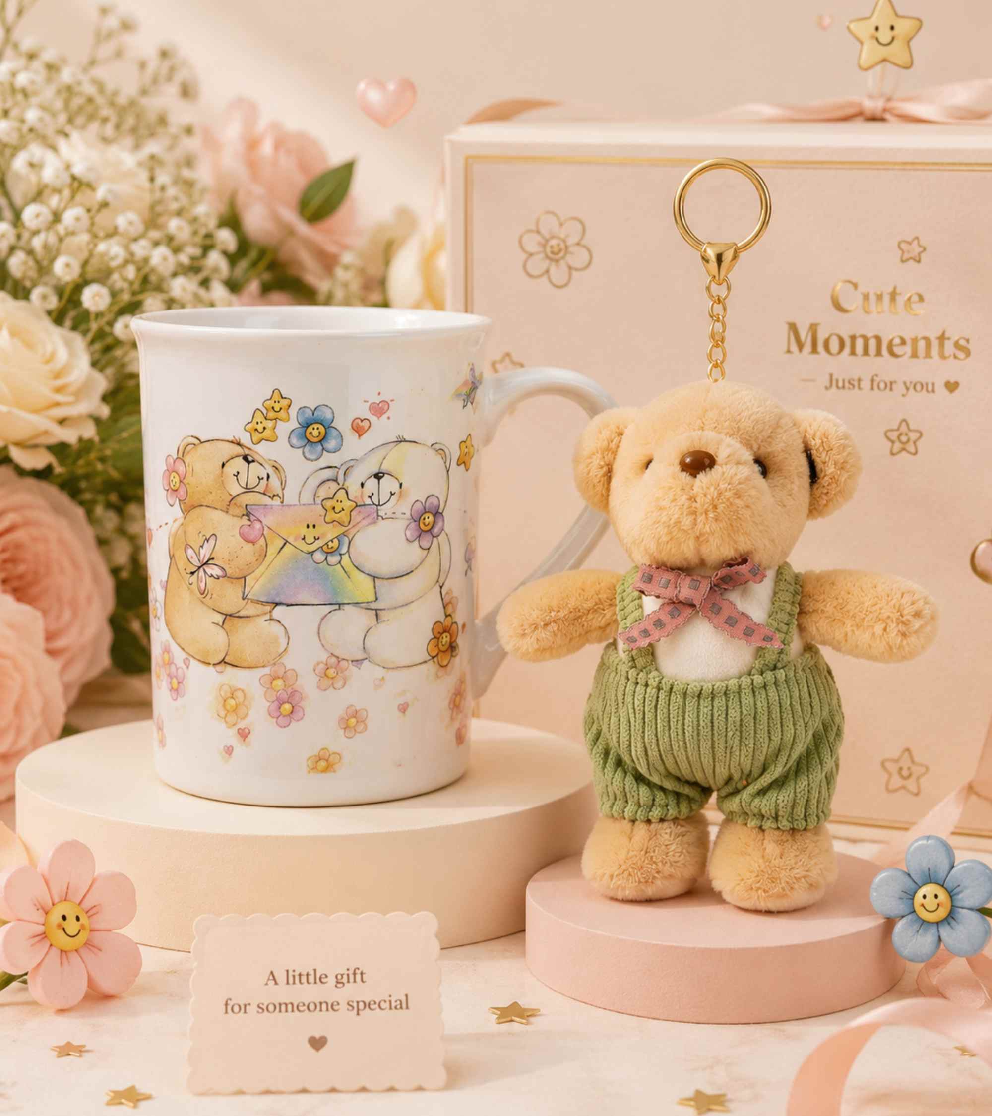 Ceramic coffee mug with cartoon bear artwork and plush teddy keychain, green sweater