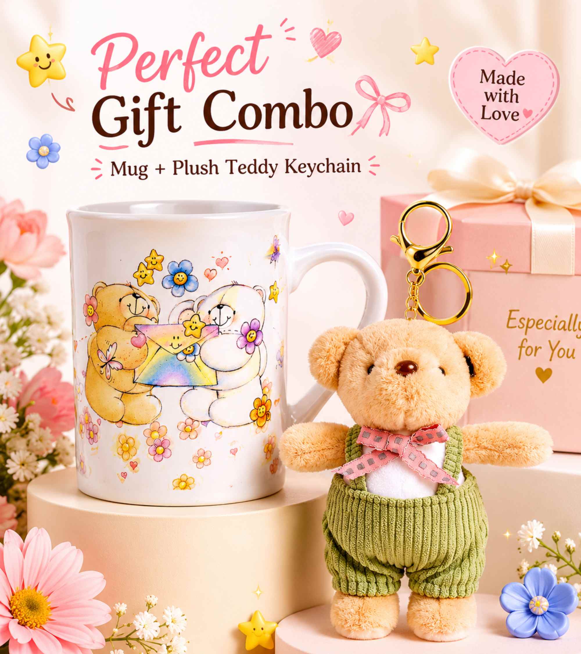 Ceramic coffee mug with illustrated bear scene and plush teddy keychain in green outfit