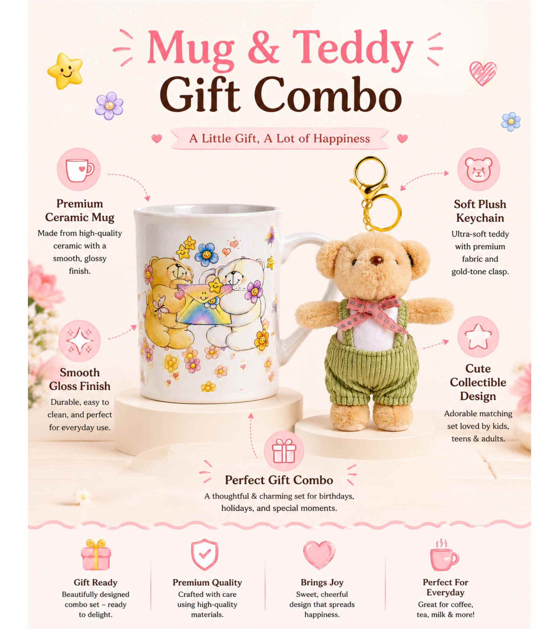 Ceramic coffee mug and plush teddy keychain gift set with green sweater and pink scarf