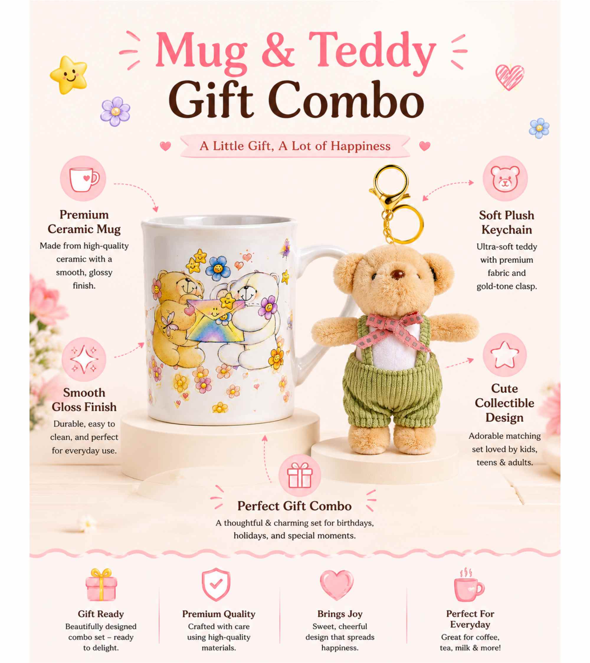 Ceramic coffee mug and plush teddy keychain gift set with green sweater and pink scarf