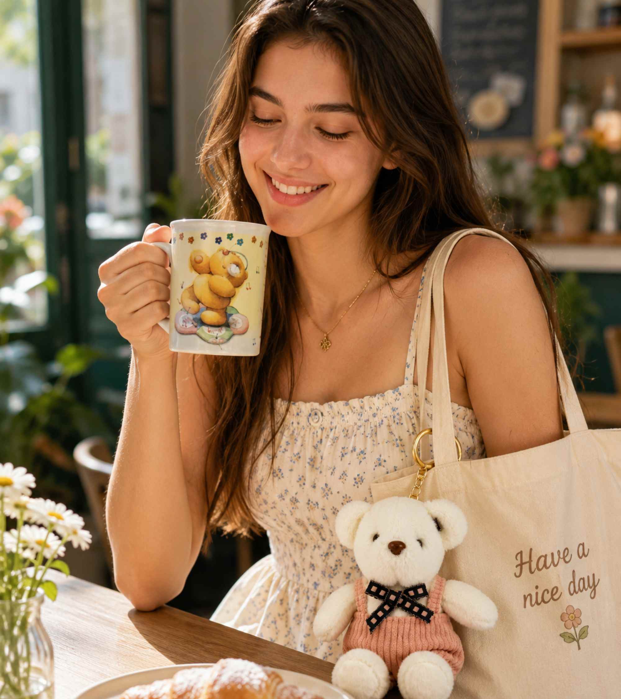 Ceramic mug held by a woman with a teddy bear plush keychain attached