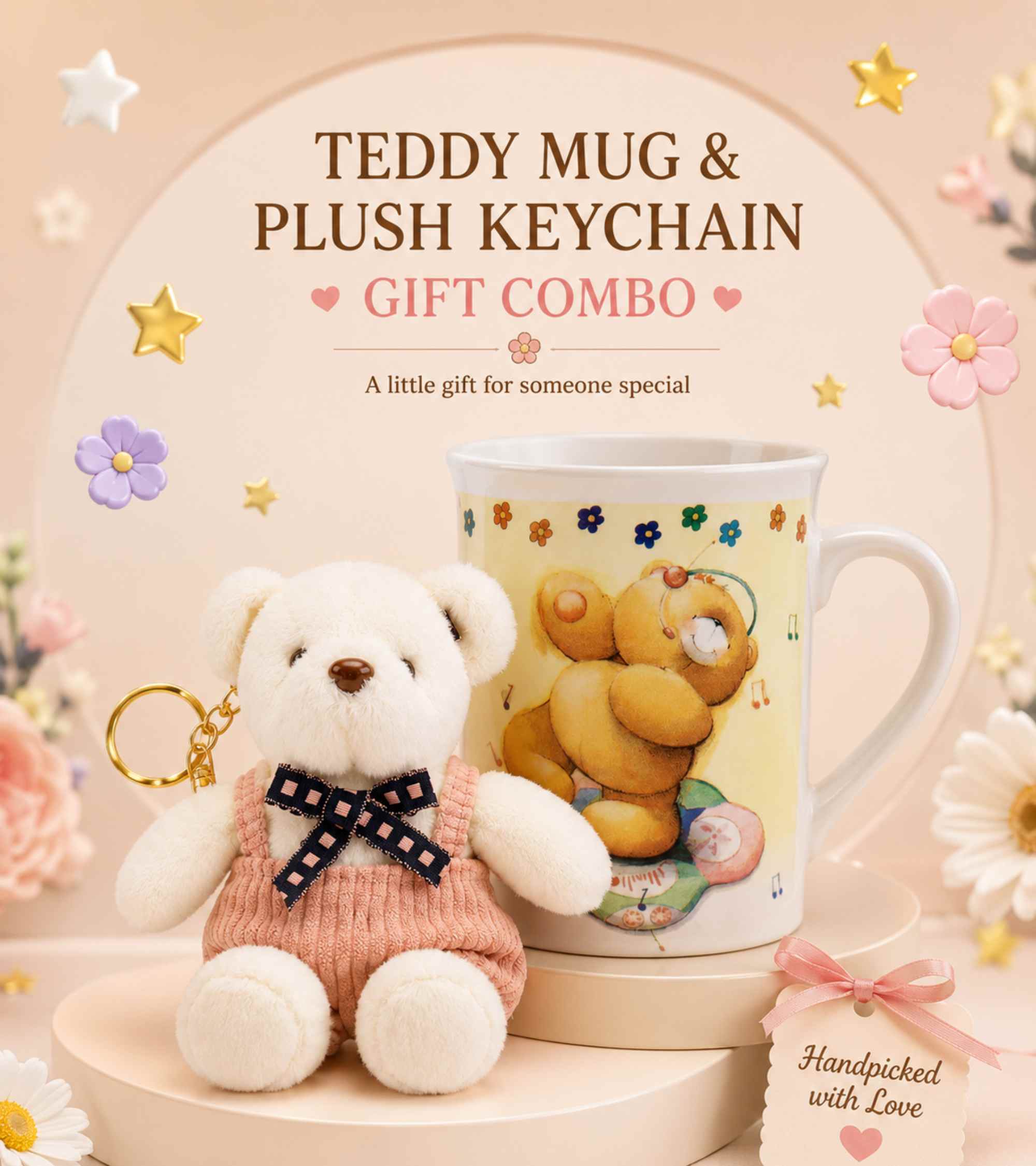 Ceramic tea mug with teddy bear plush keychain, teddy and bear scene on the cup
