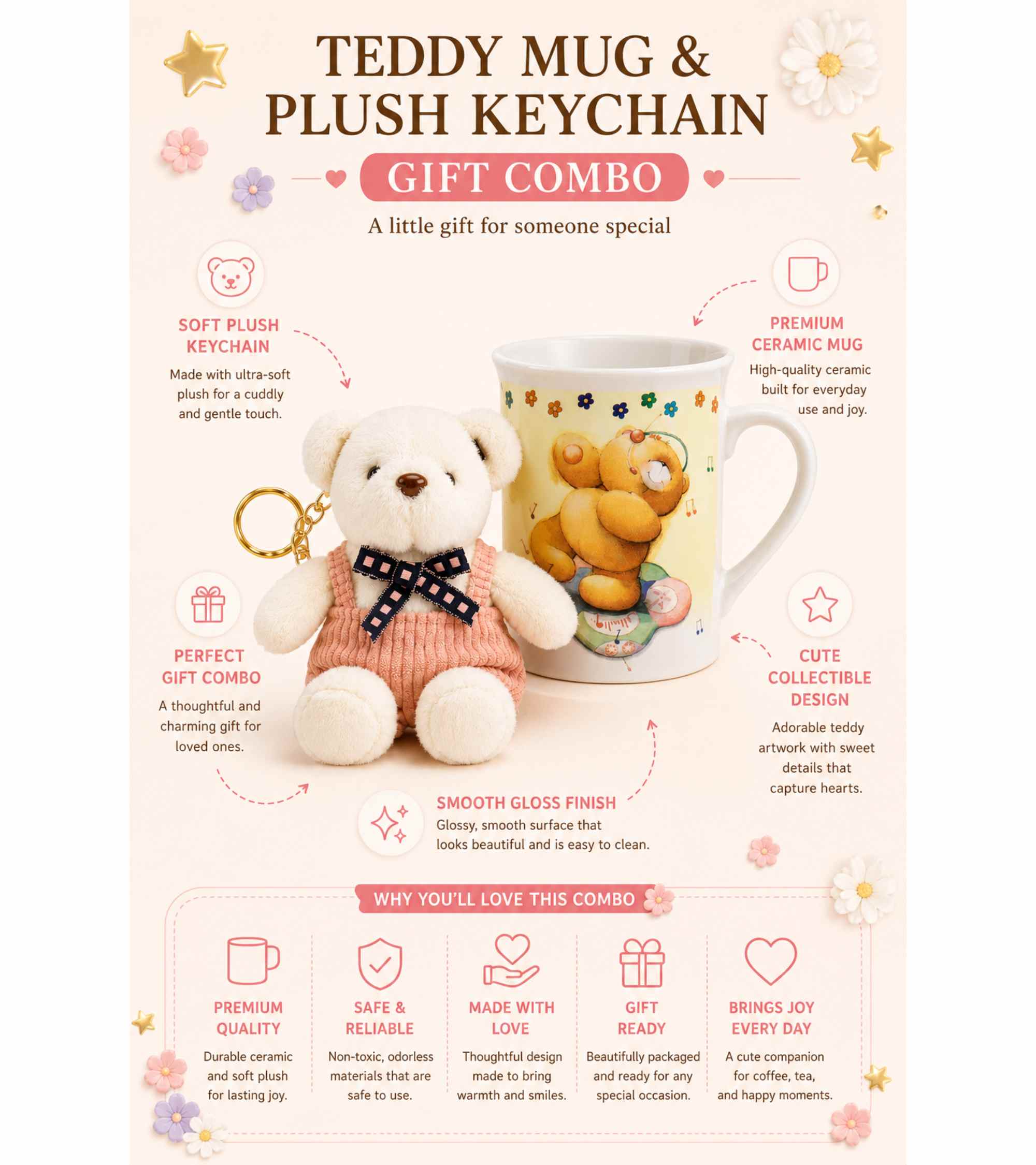 Gift combo box showing ceramic mug with teddy bear plush keychain and product icons