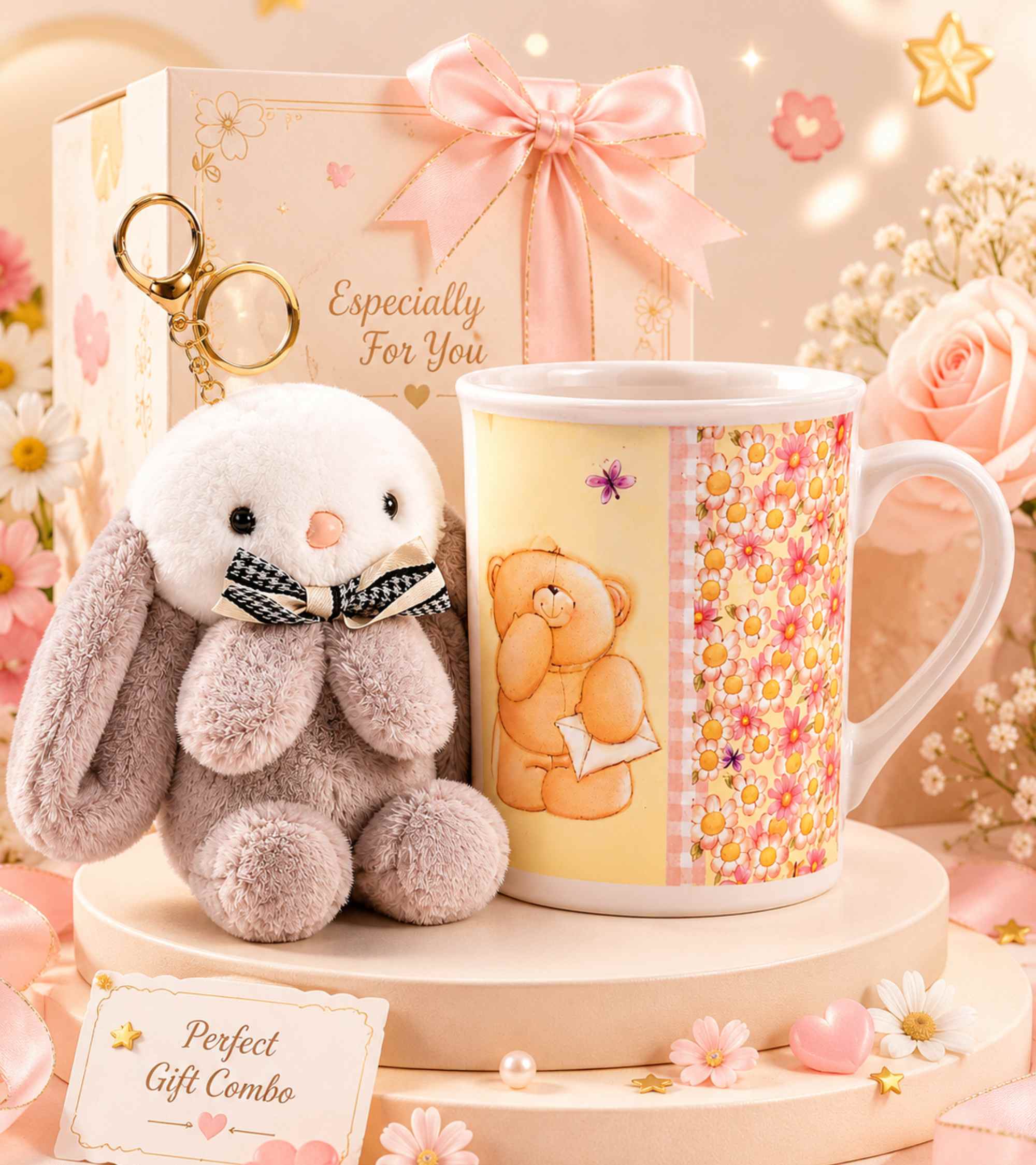 Ceramic mug with floral rabbit design and rabbit plush keychain in gift combo