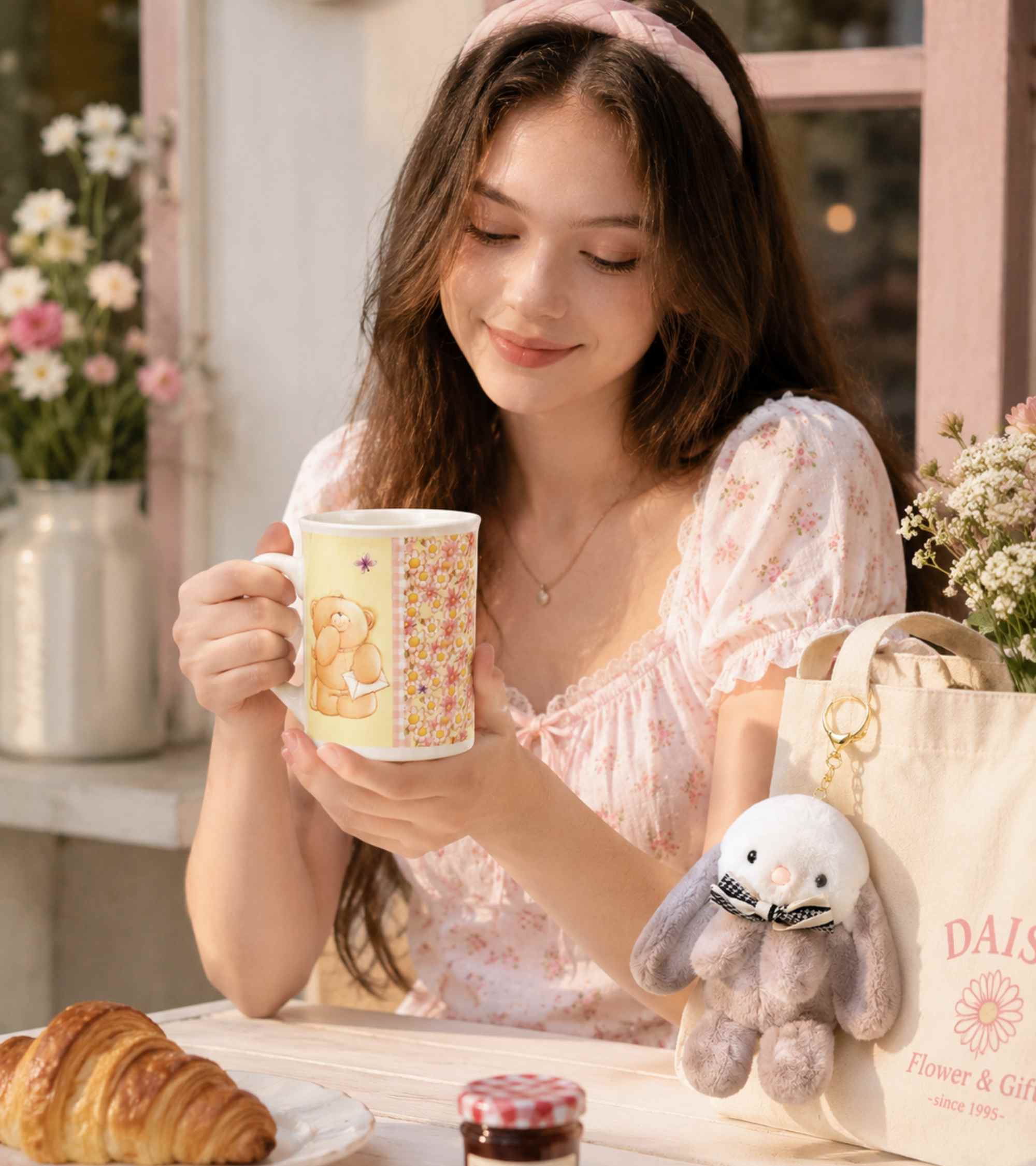 Person holding a floral ceramic mug with rabbit plush keychain on table