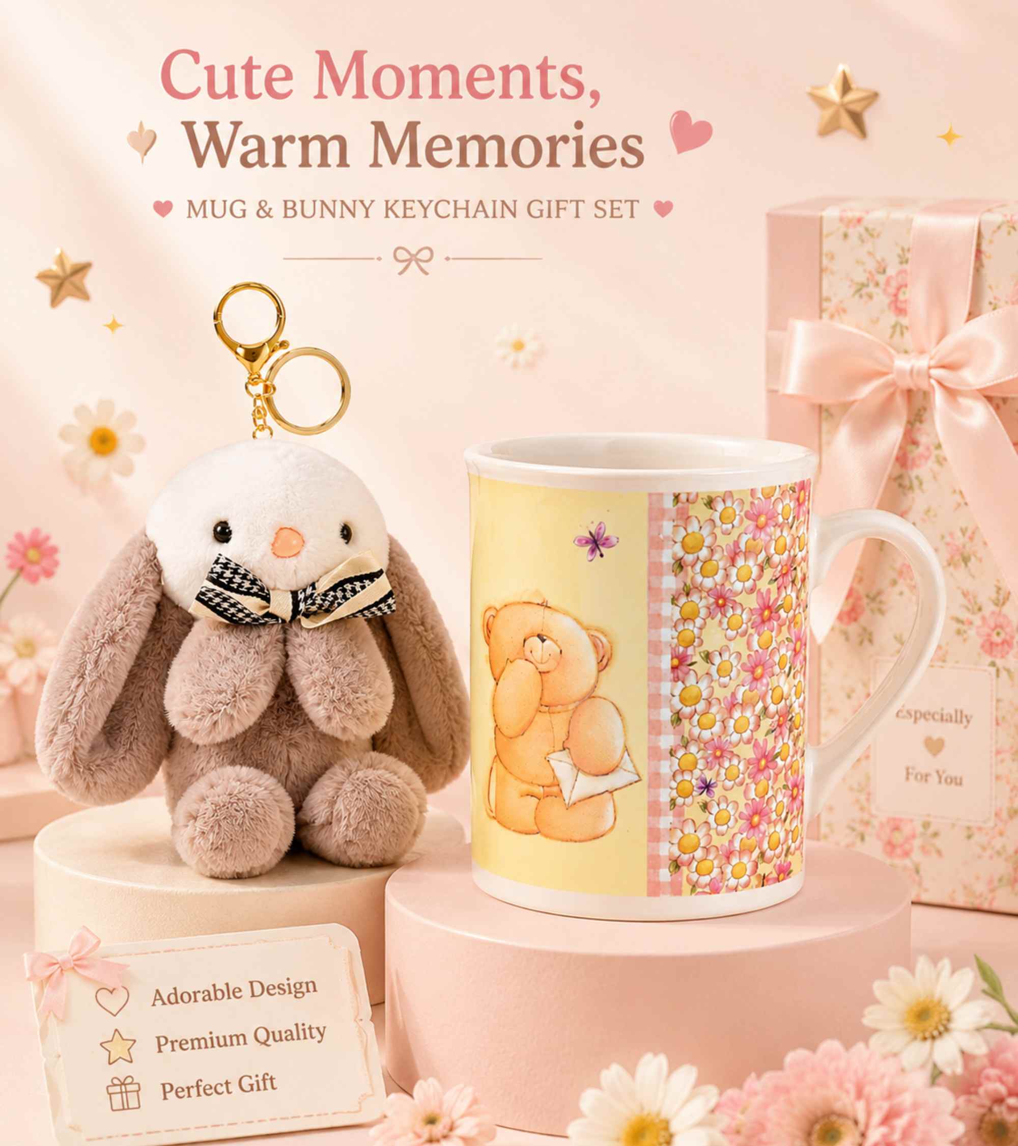 Ceramic mug gift set with floral design and rabbit plush keychain on display