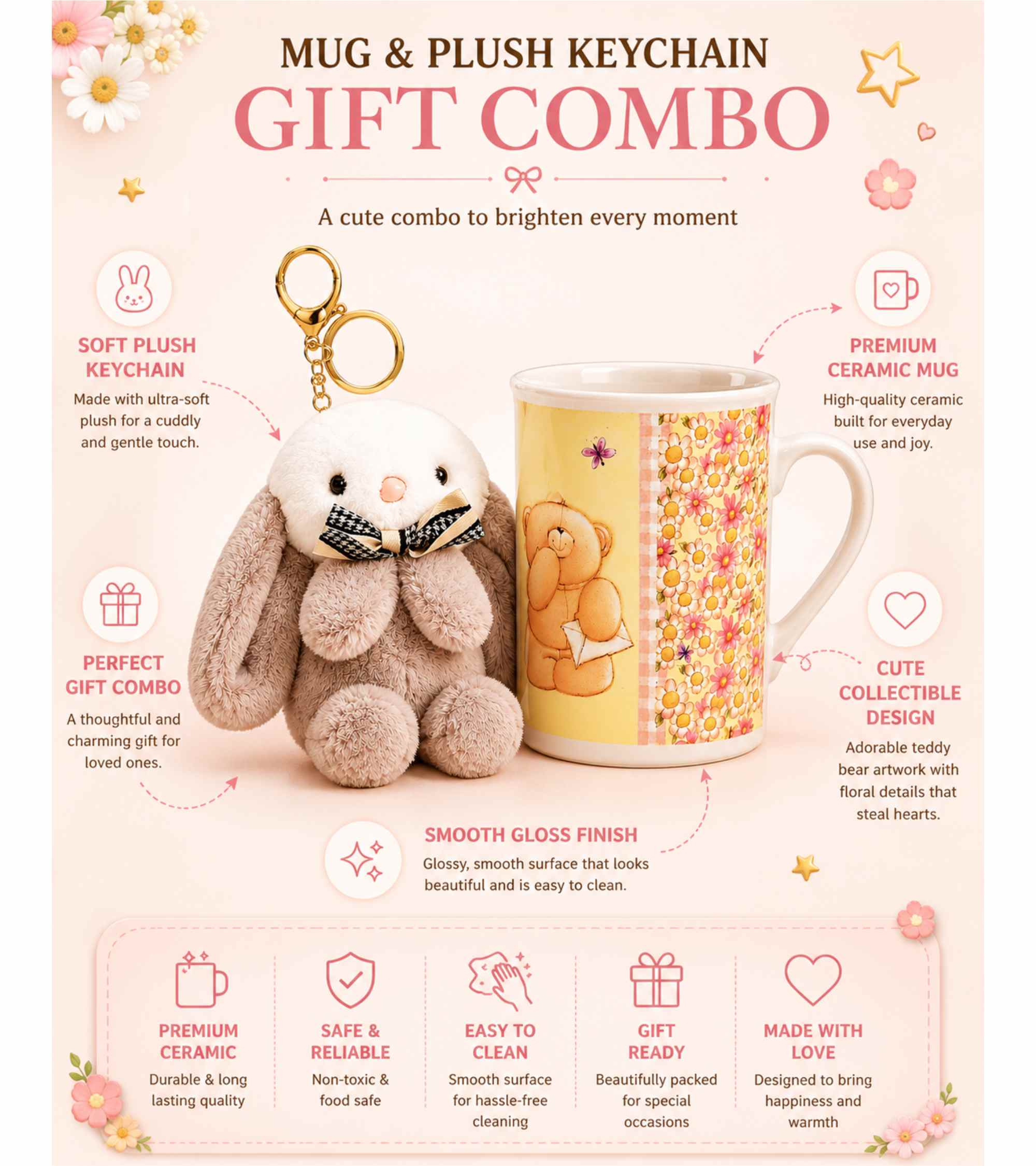 Mug & plush keychain gift combo: floral ceramic mug with rabbit accessory