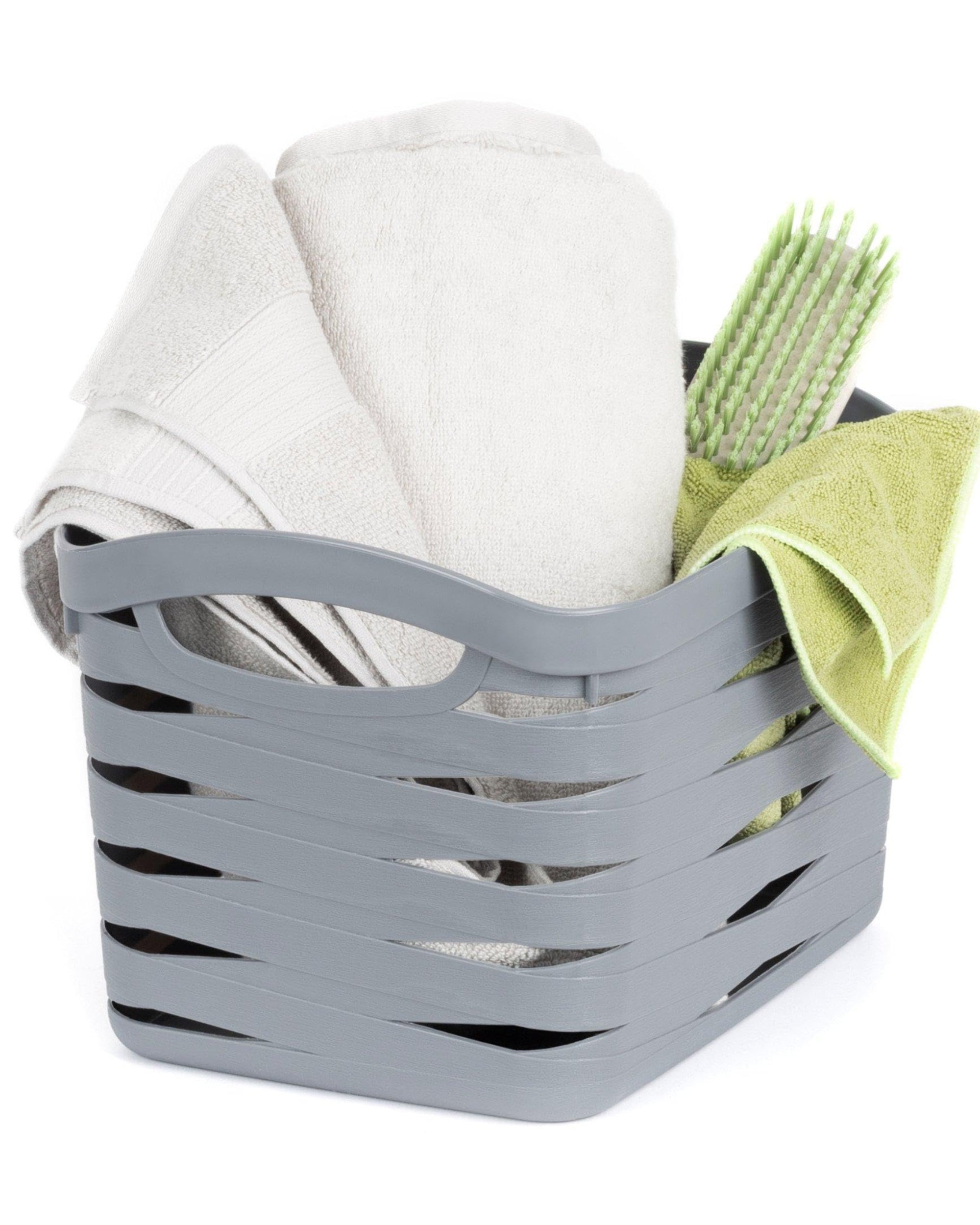 Premsons® Medium Grey Plastic Storage Organizer Basket with Handles - Hollow Design, Shower Caddy Tote for Bathroom, Kitchen, Closet, and Bedroom