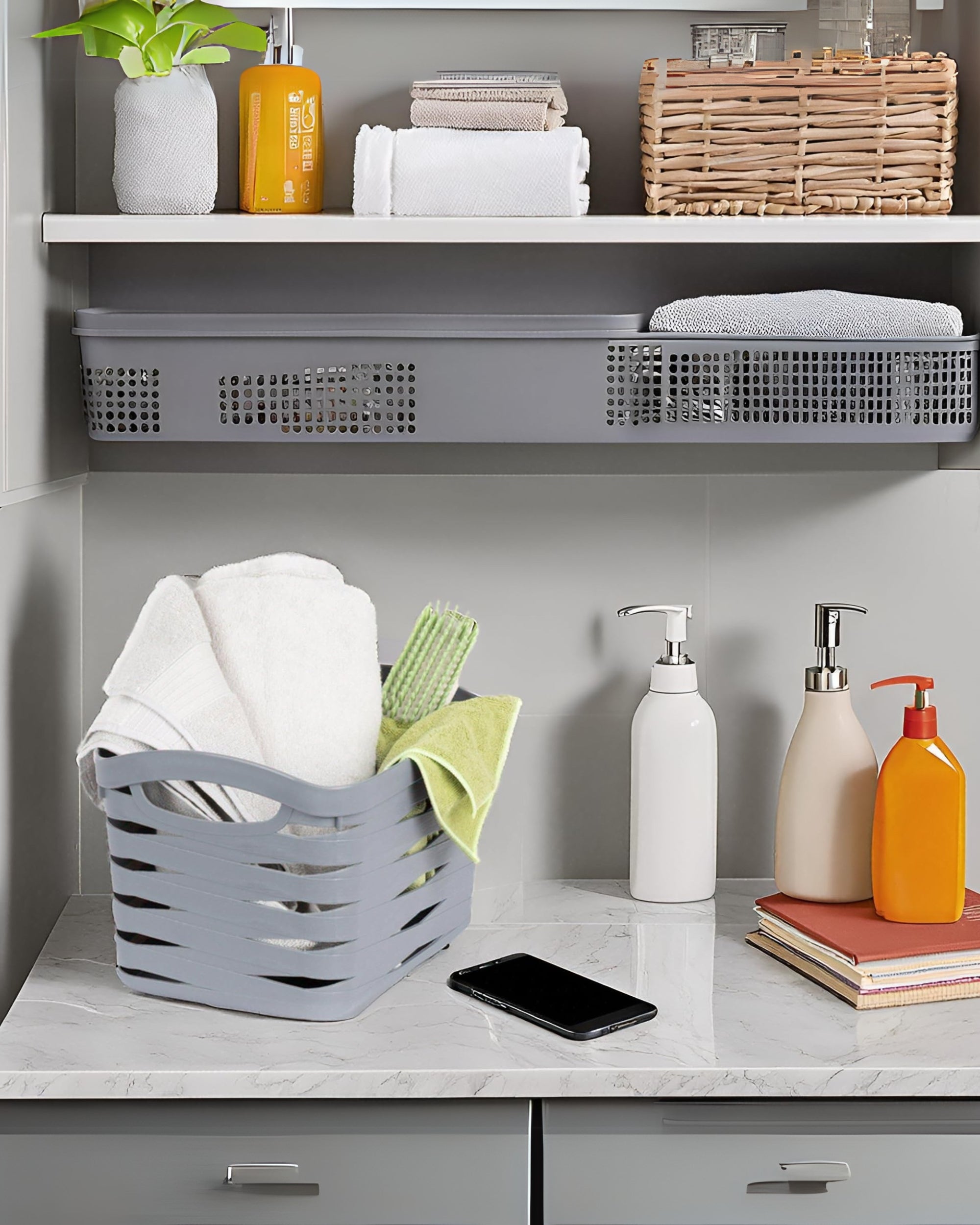 Premsons® Medium Grey Plastic Storage Organizer Basket with Handles - Hollow Design, Shower Caddy Tote for Bathroom, Kitchen, Closet, and Bedroom