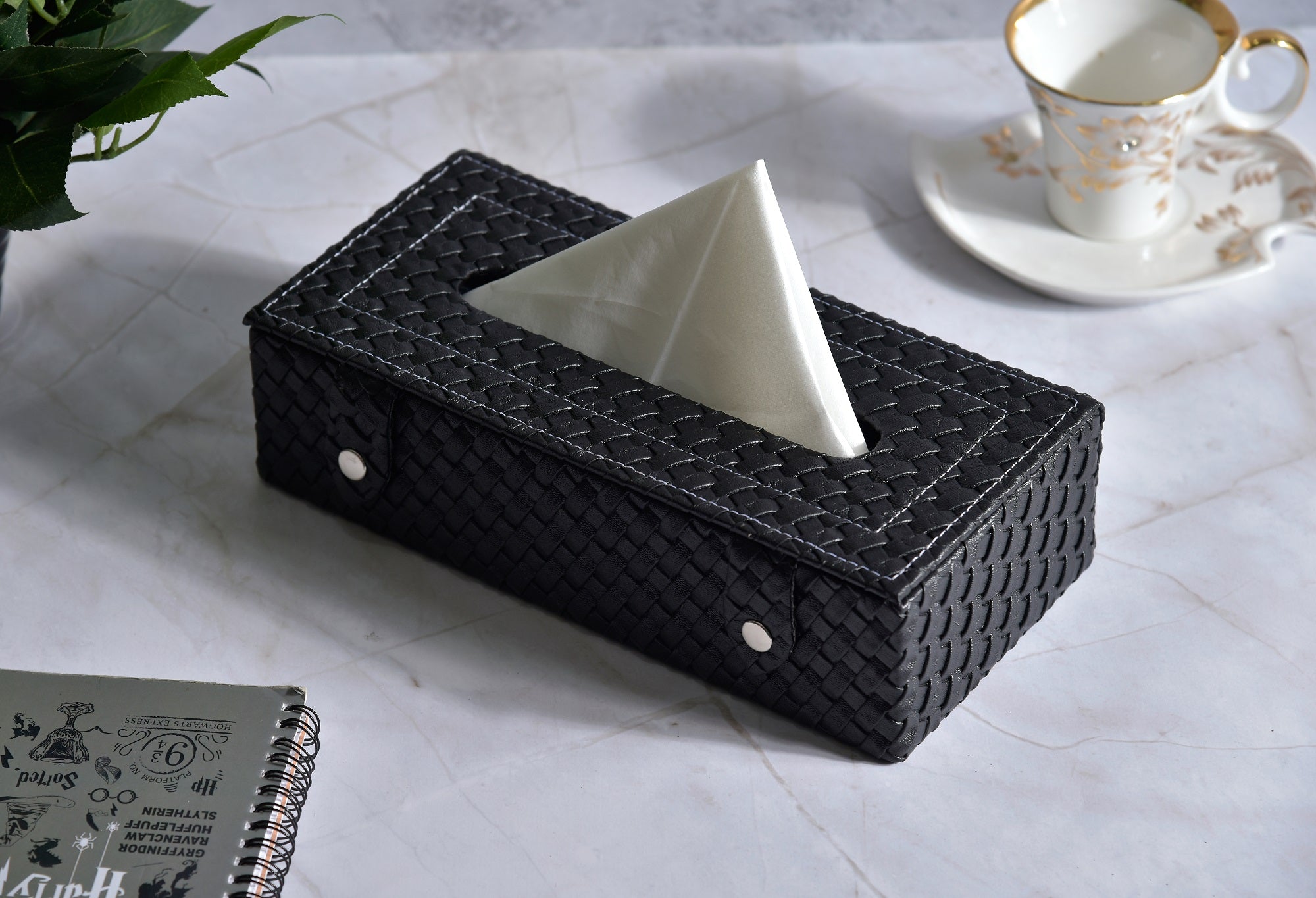 Premsons Bazaar® Woven Design Artificial Faux/Vegan Leatherette Rectangular Tissue Paper Box with Button for Dining Room, Kitchen, Bedroom, Car and Home Decor - Black