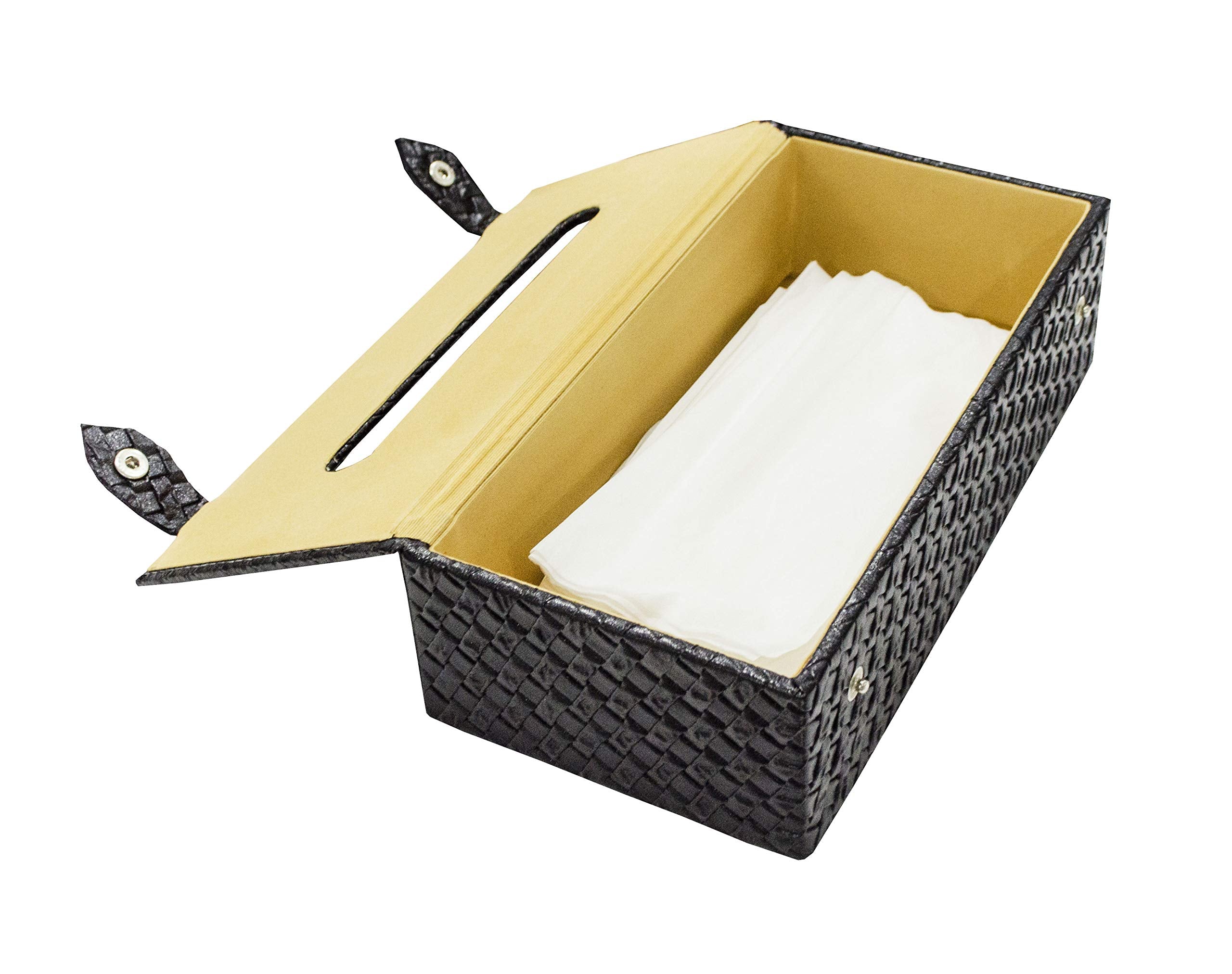 Premsons Bazaar® Woven Design Artificial Faux/Vegan Leatherette Rectangular Tissue Paper Box with Button for Dining Room, Kitchen, Bedroom, Car and Home Decor - Black