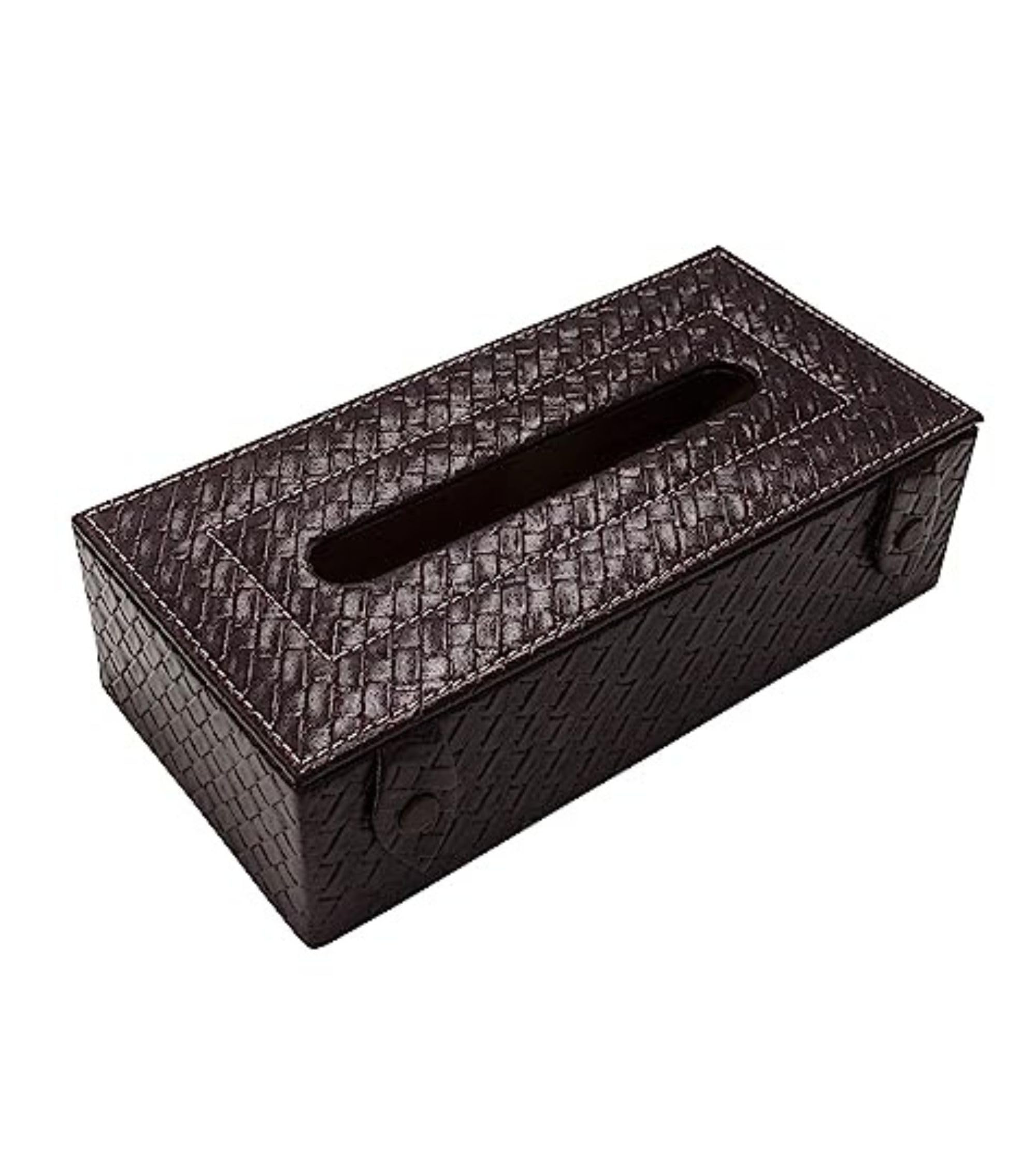 Premsons® Woven Design Artificial Faux Vegan Leatherette Tissue Paper Box with Button for Dining Room Kitchen Bedroom Car and Home Decor - Rectangular - Brown