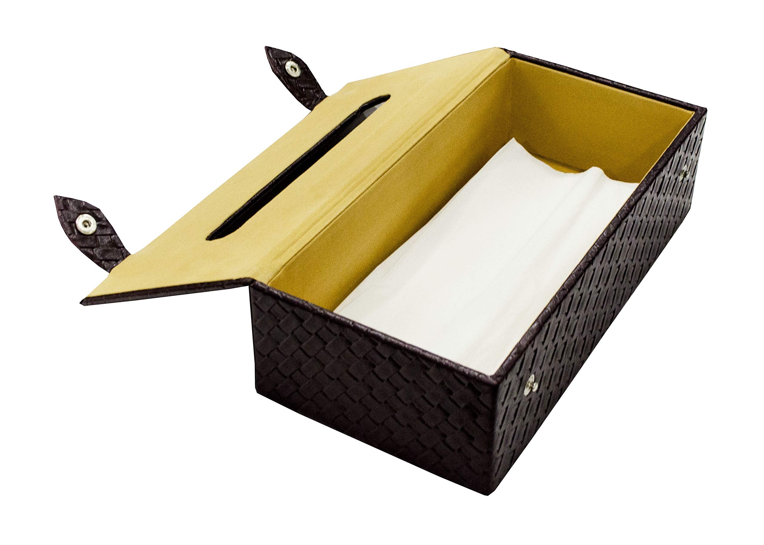 Premsons® Woven Design Artificial Faux Vegan Leatherette Tissue Paper Box with Button for Dining Room Kitchen Bedroom Car and Home Decor - Rectangular - Brown