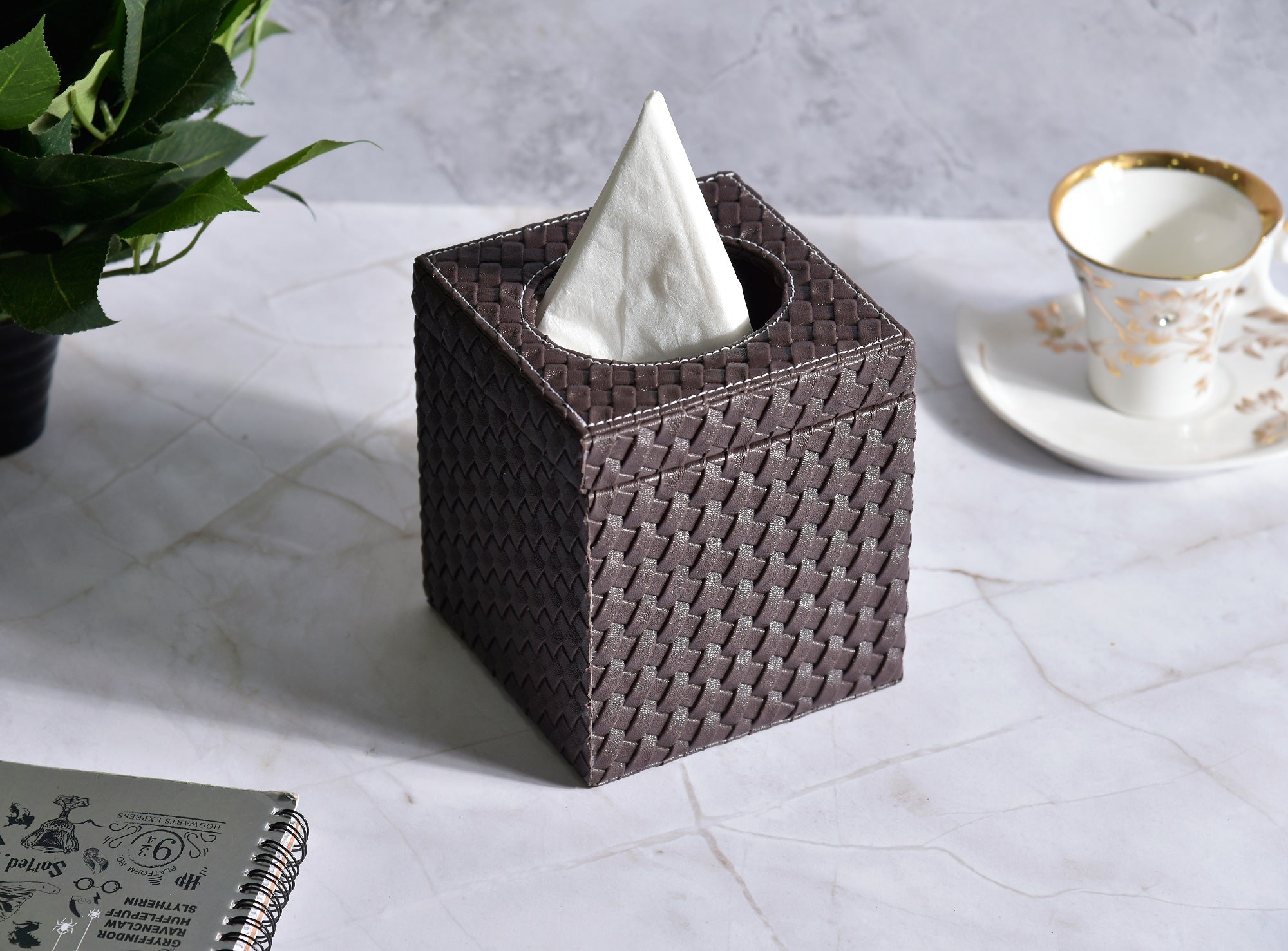 Premsons® Woven Design Artificial Faux Vegan Leatherette Tissue Paper Box with Button for Dining Room Kitchen Bedroom Car and Home Decor - Square - Brown