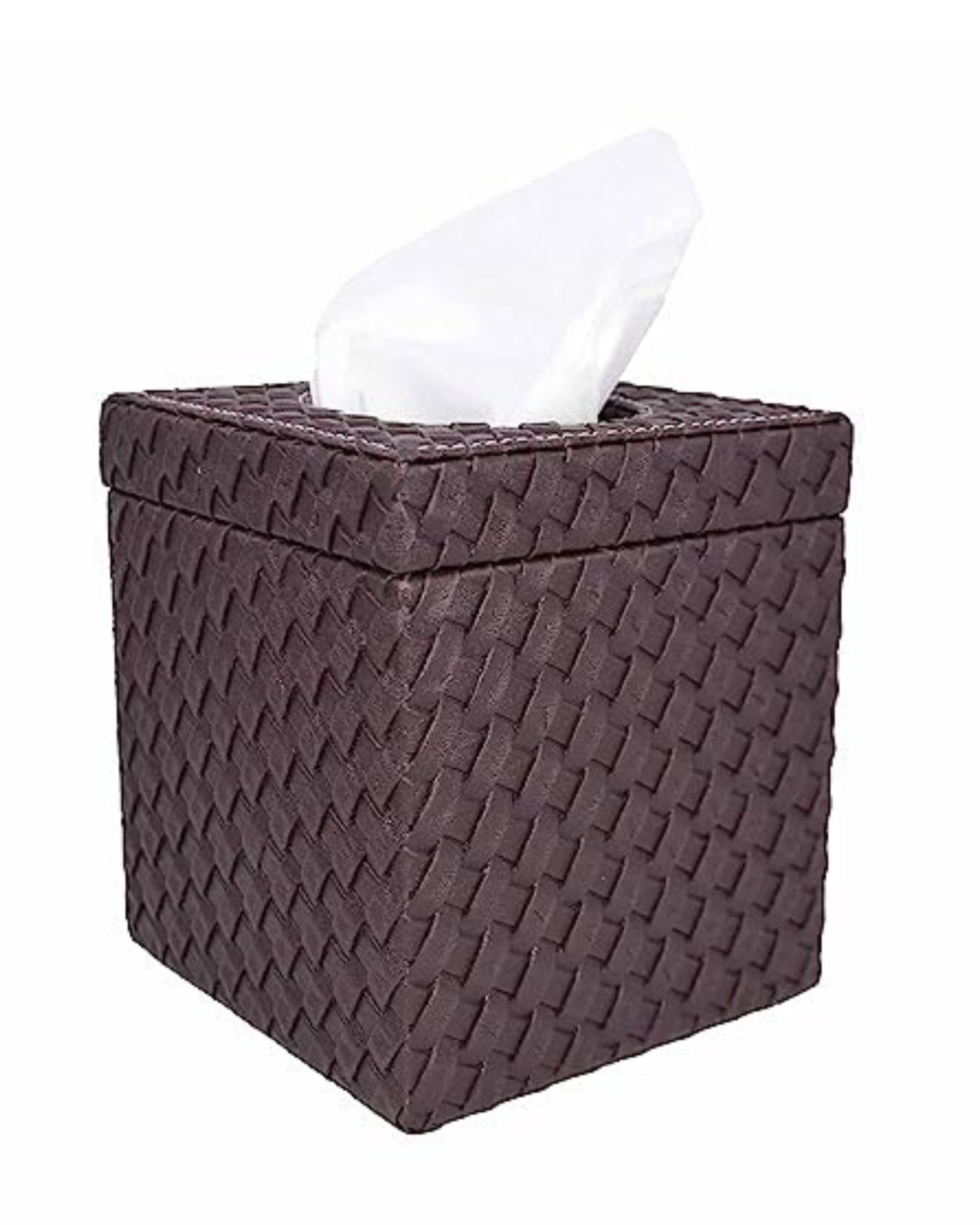 Premsons® Woven Design Artificial Faux Vegan Leatherette Tissue Paper Box with Button for Dining Room Kitchen Bedroom Car and Home Decor - Square - Brown