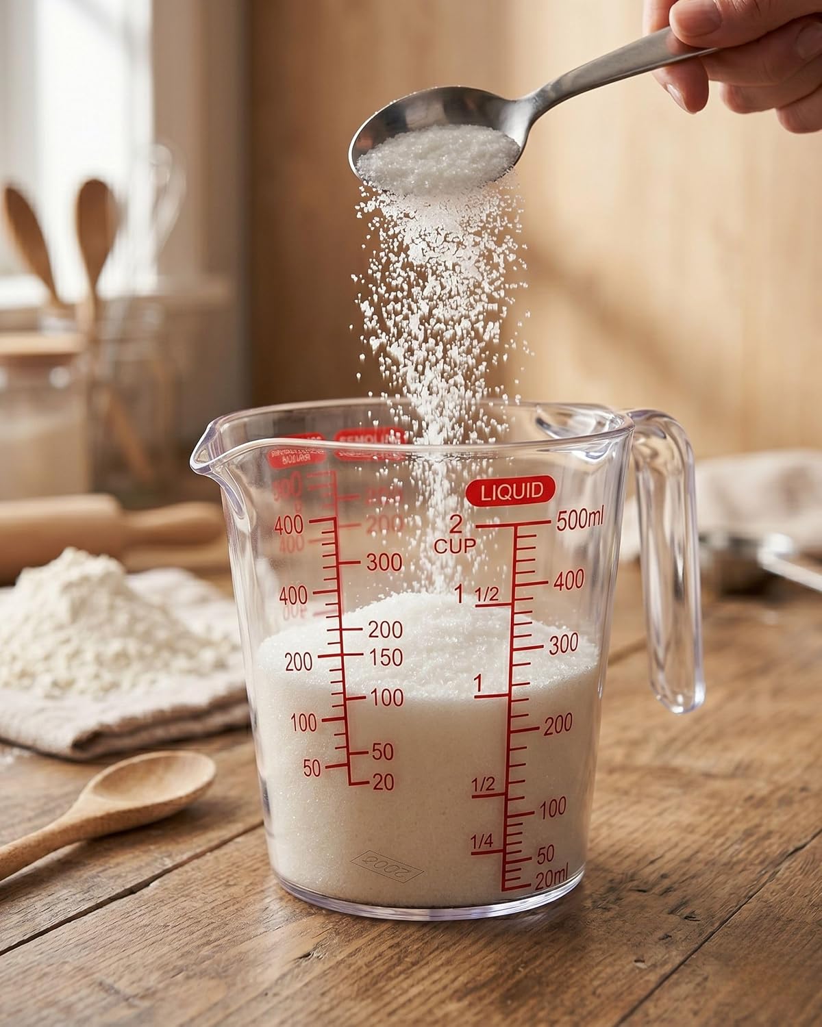 Clear measuring jug with red scale, filled with dry ingredients and pouring spout
