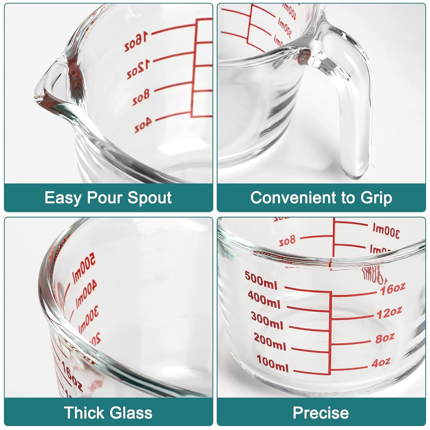 Clear measuring jug with curved pouring spout and red measurement scale