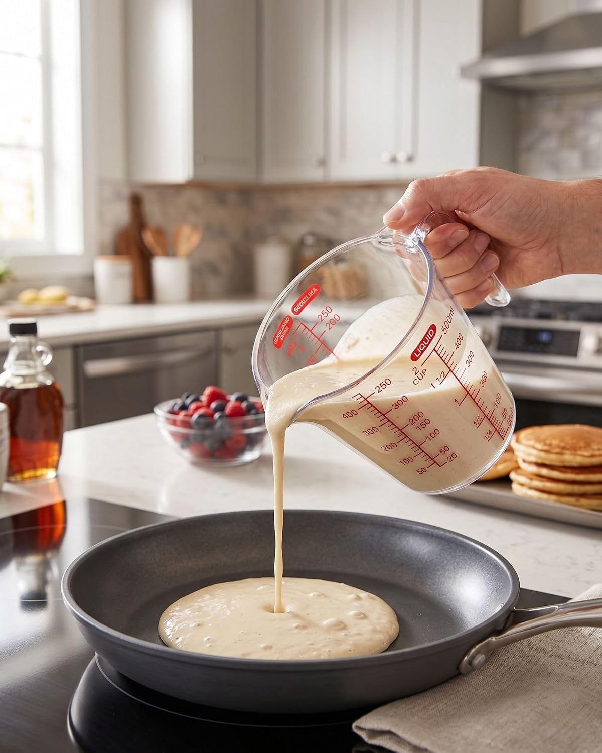 Clear measuring jug with red markings pouring batter into a skillet