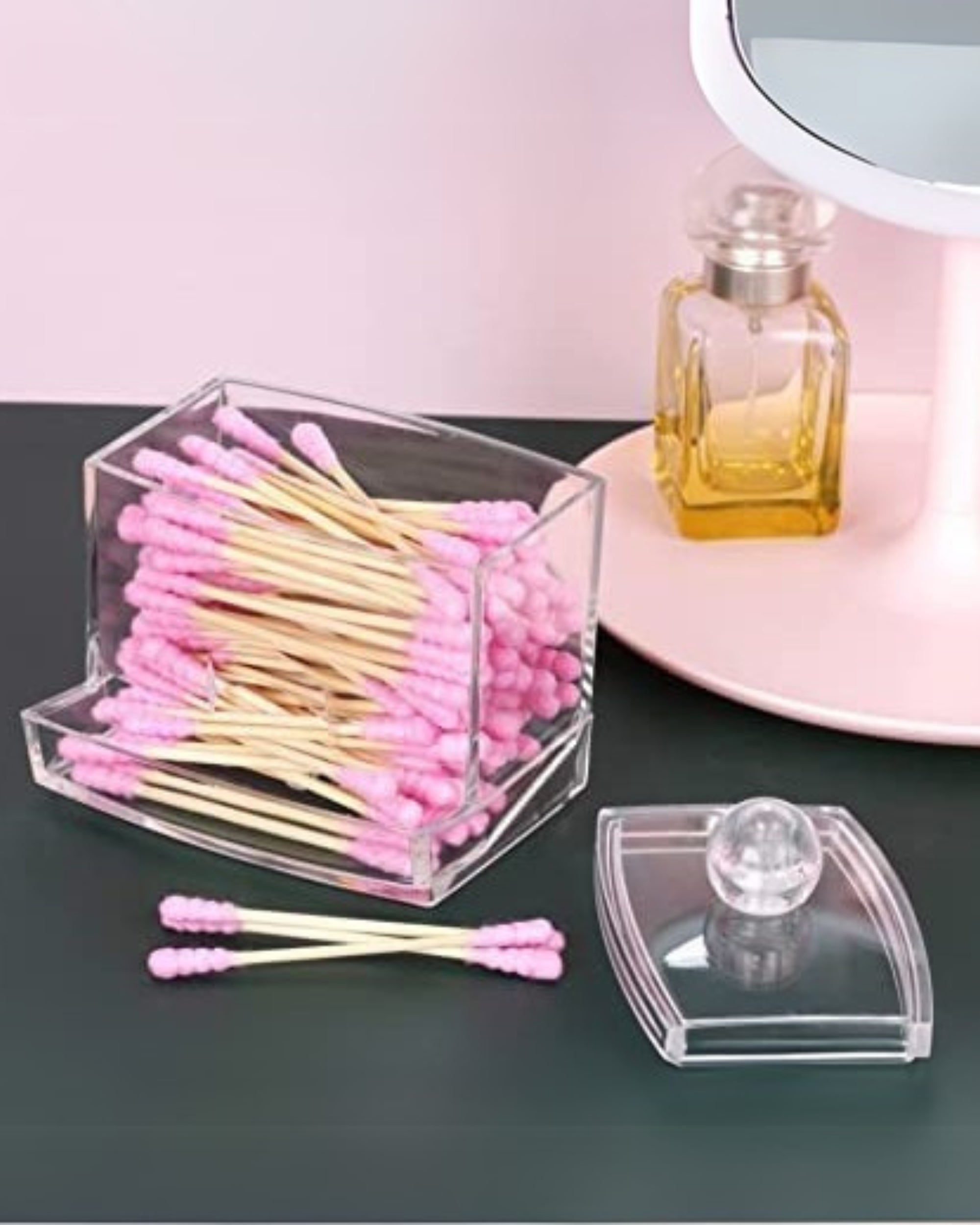 Premsons® Acrylic Cotton Swab & Pad Holder | 1-Compartment Clear Organizer for Earbuds, Cotton Balls & Makeup Accessories