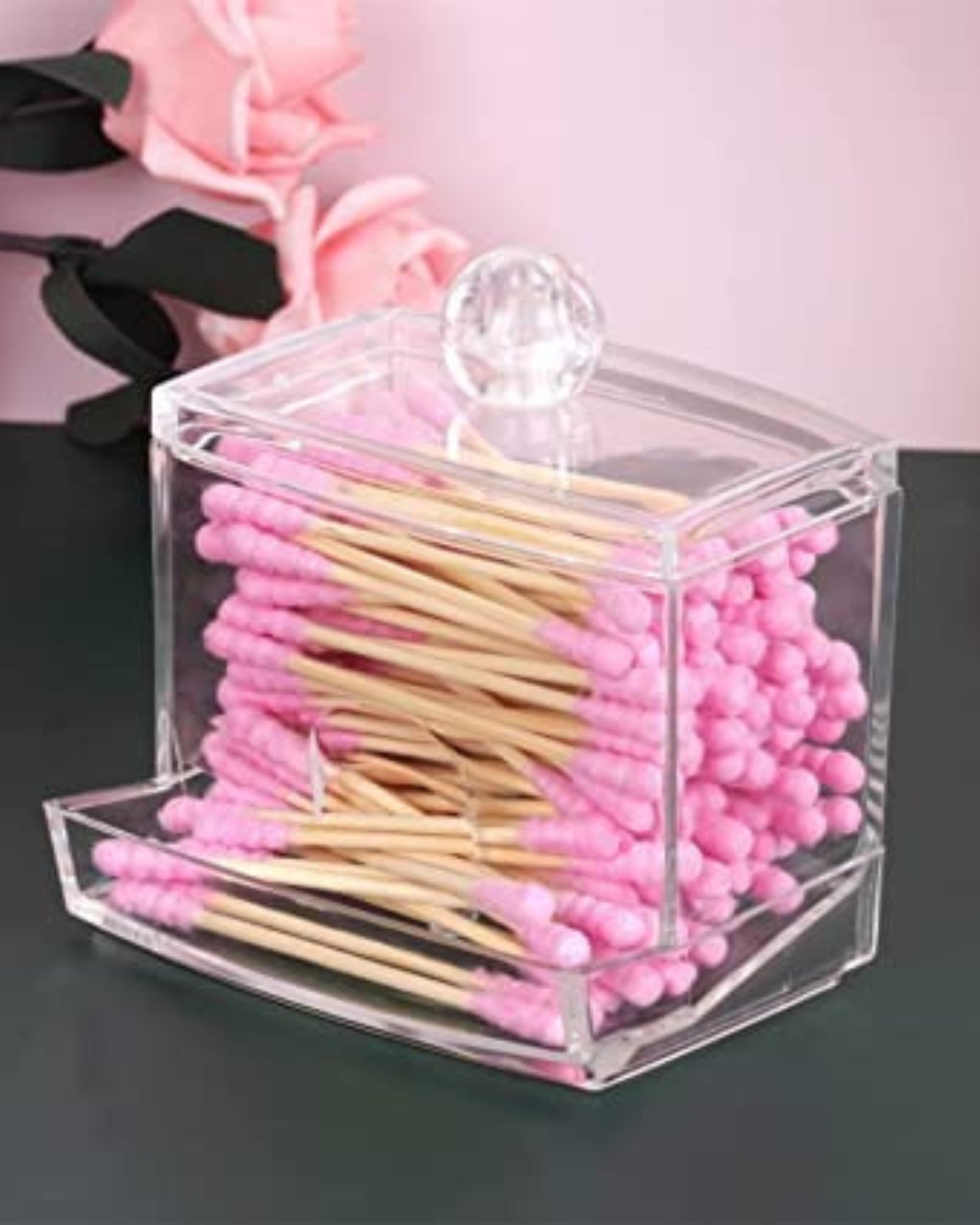 Premsons® Acrylic Cotton Swab & Pad Holder | 1-Compartment Clear Organizer for Earbuds, Cotton Balls & Makeup Accessories
