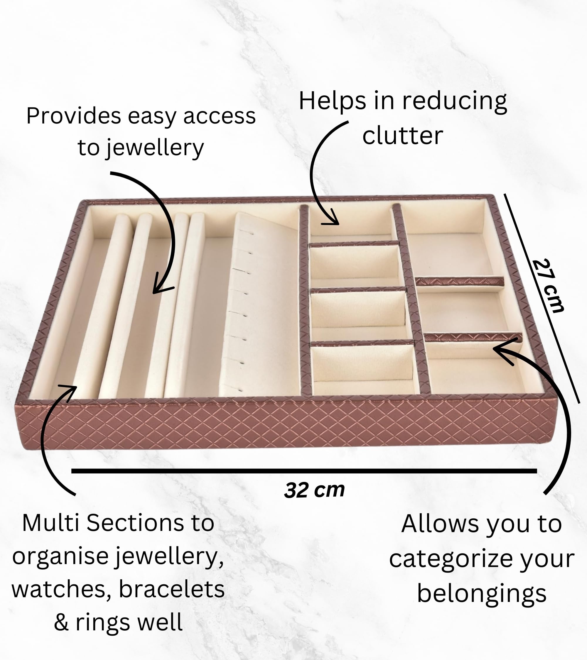 Premsons® Multi Layer Sections Jewellery Tray - Earrings Necklace Bracelet Watch and Ring Organizer - PU Leather Tray Organizer - Multipurpose Drawer Insert - Stackable Jewellery