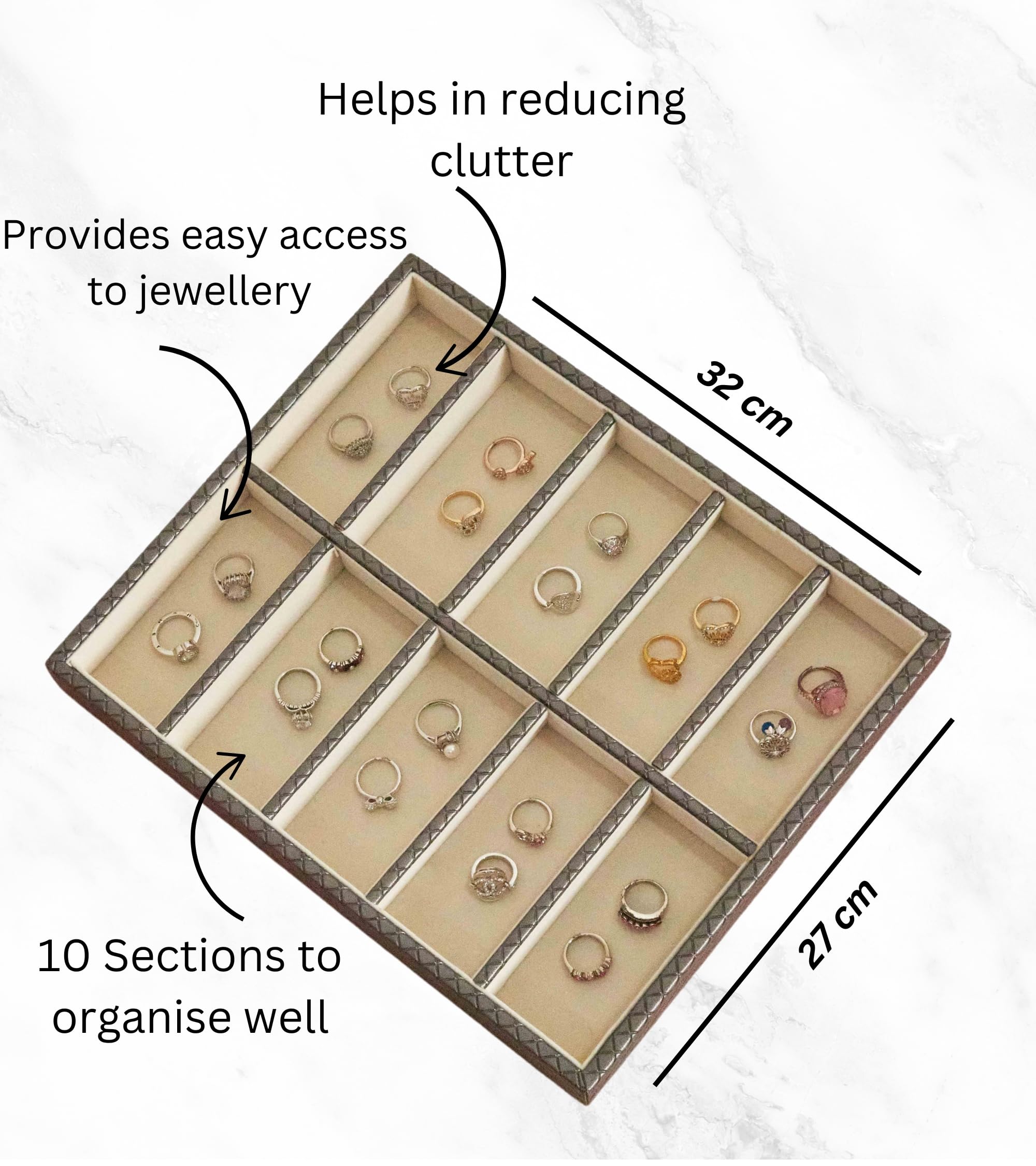 Premsons® Jewellery Tray - PU Leather Organizer - Multipurpose Drawer Insert - Stackable Jewelry Display Tray for Earring, Bangle, Bracelet,Ring, Necklace Pendant - 10 Sections