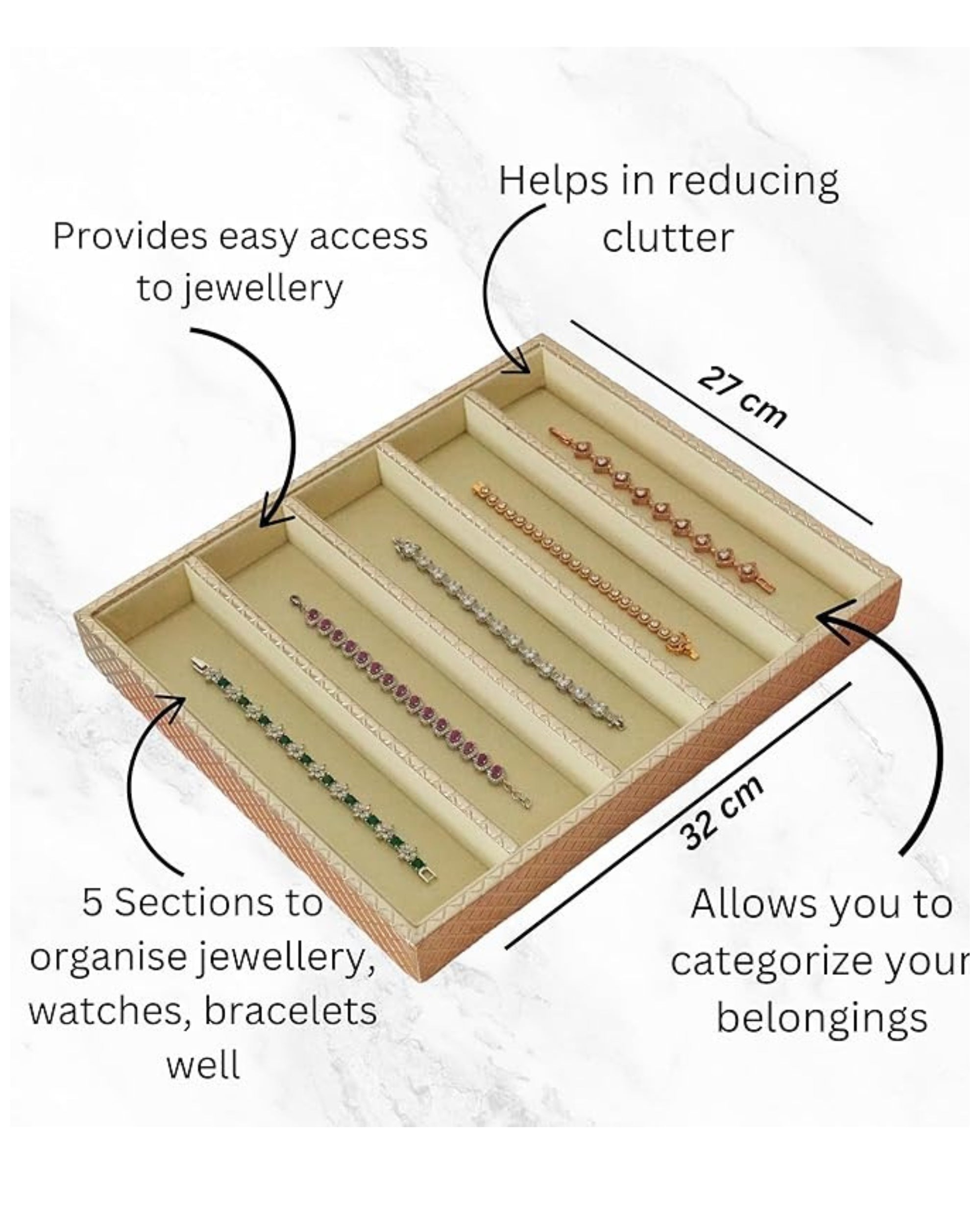 Premsons® Jewellery Tray - PU Leather Watch  Organizer - Multipurpose Drawer Insert - Stackable Jewelry Tray for Bracelet, Necklace Pendant - 5 Sections