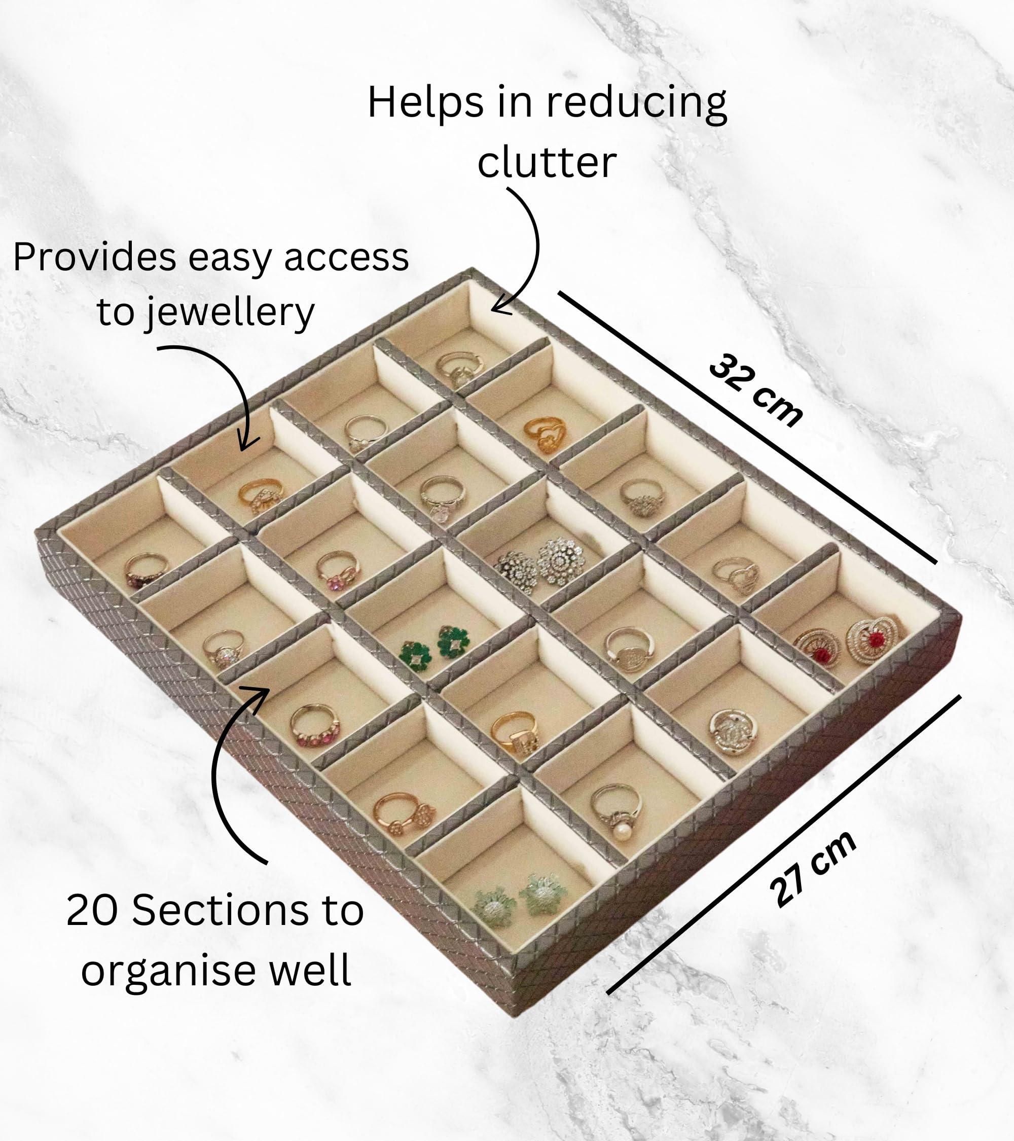 Premsons® Jewellery Tray - PU Leather Ring Tray Organizer - Multipurpose Stackable Jewelry Display Tray for Ring, Earring, Necklace Pendant - 20 Sections Vegan leather tray