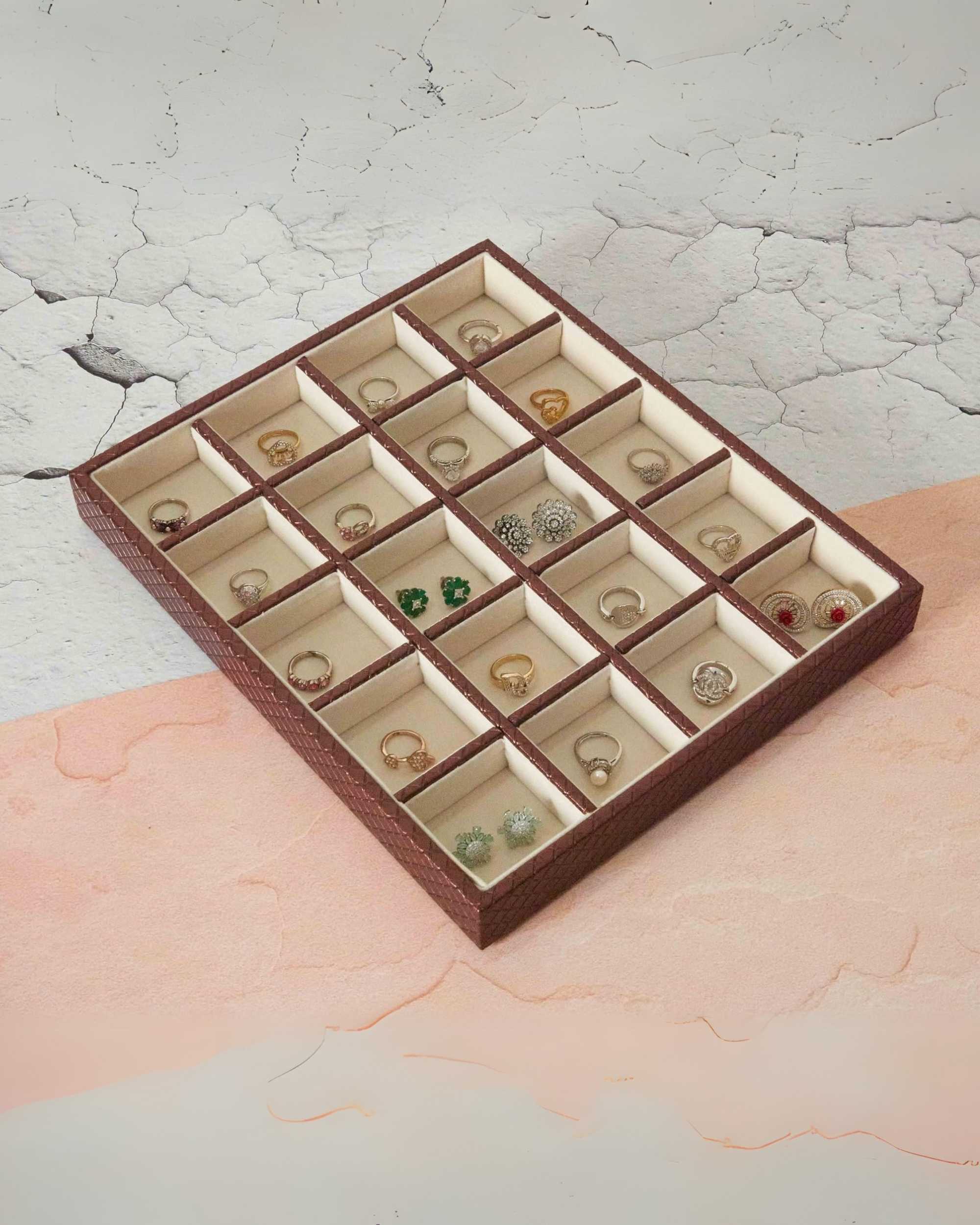 Premsons® Jewellery Tray - PU Leather Ring Tray Organizer - Multipurpose Stackable Jewelry Display Tray for Ring, Earring, Necklace Pendant - 20 Sections Vegan leather tray