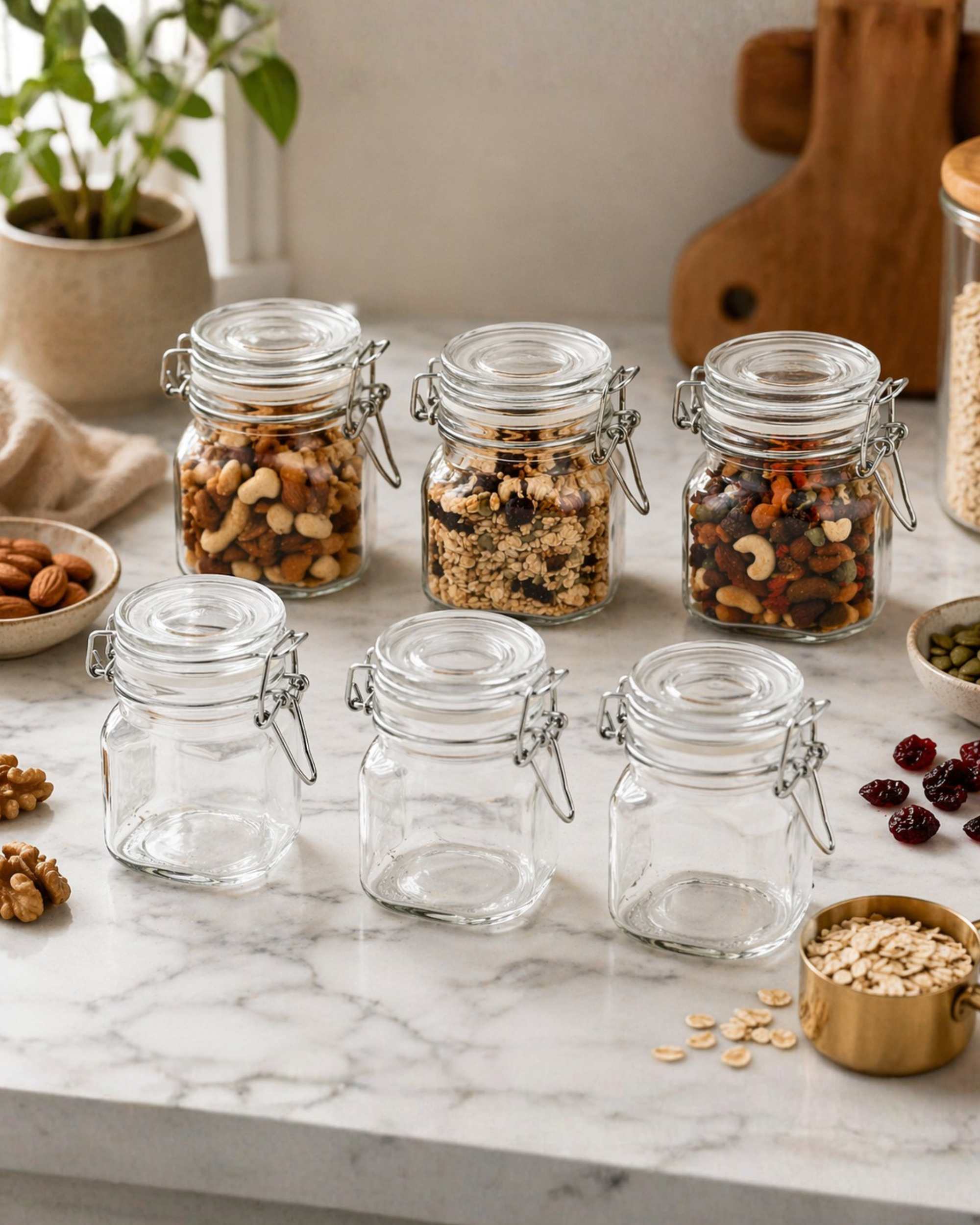 Premsons® Airtight Square Glass Jars 60ml (Pack of 6) | Clip Top Lid, Wide Mouth Design | Perfect for Spices, Masala & Dry Food Storage