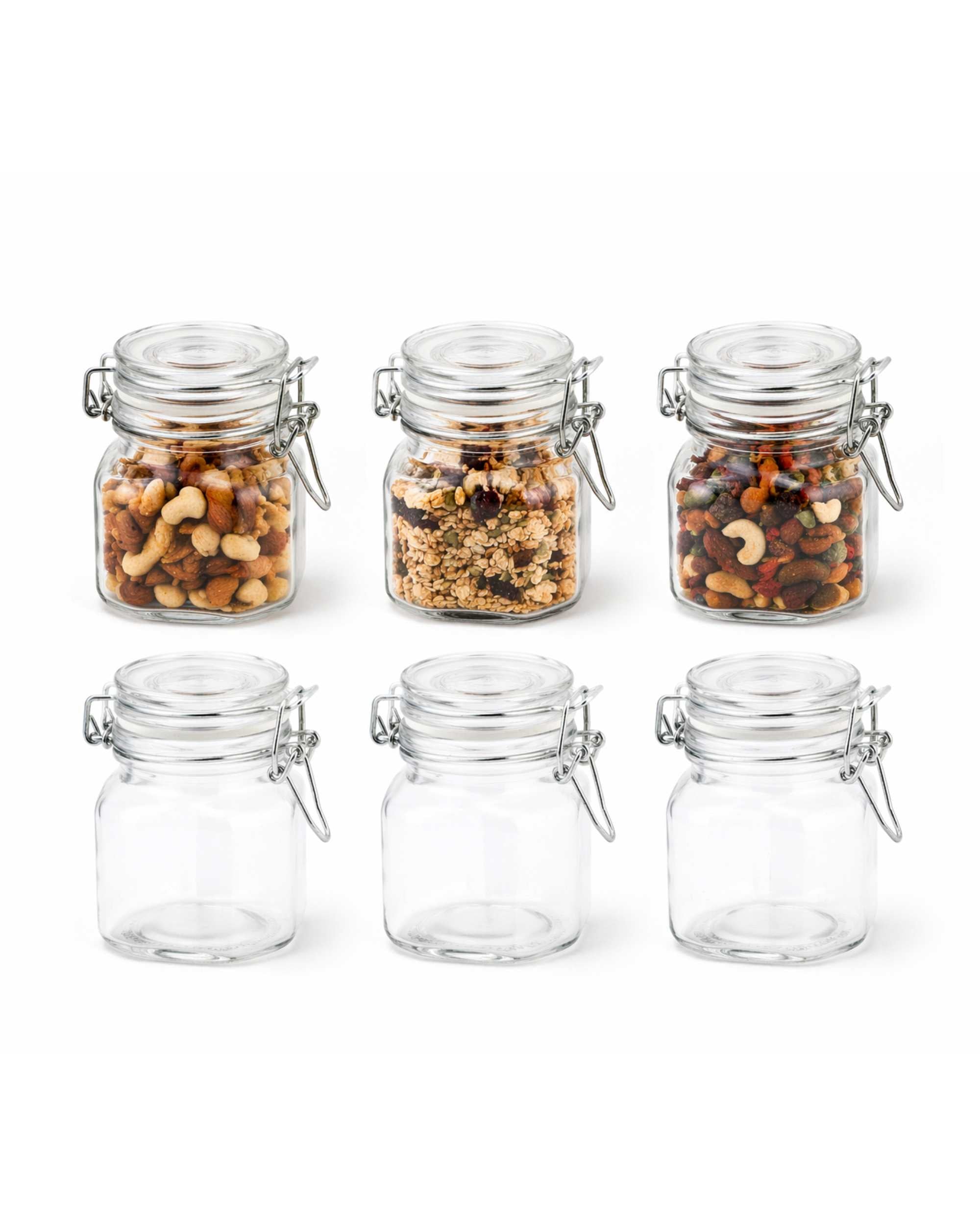 Premsons® Airtight Square Glass Jars 60ml (Pack of 6) | Clip Top Lid, Wide Mouth Design | Perfect for Spices, Masala & Dry Food Storage