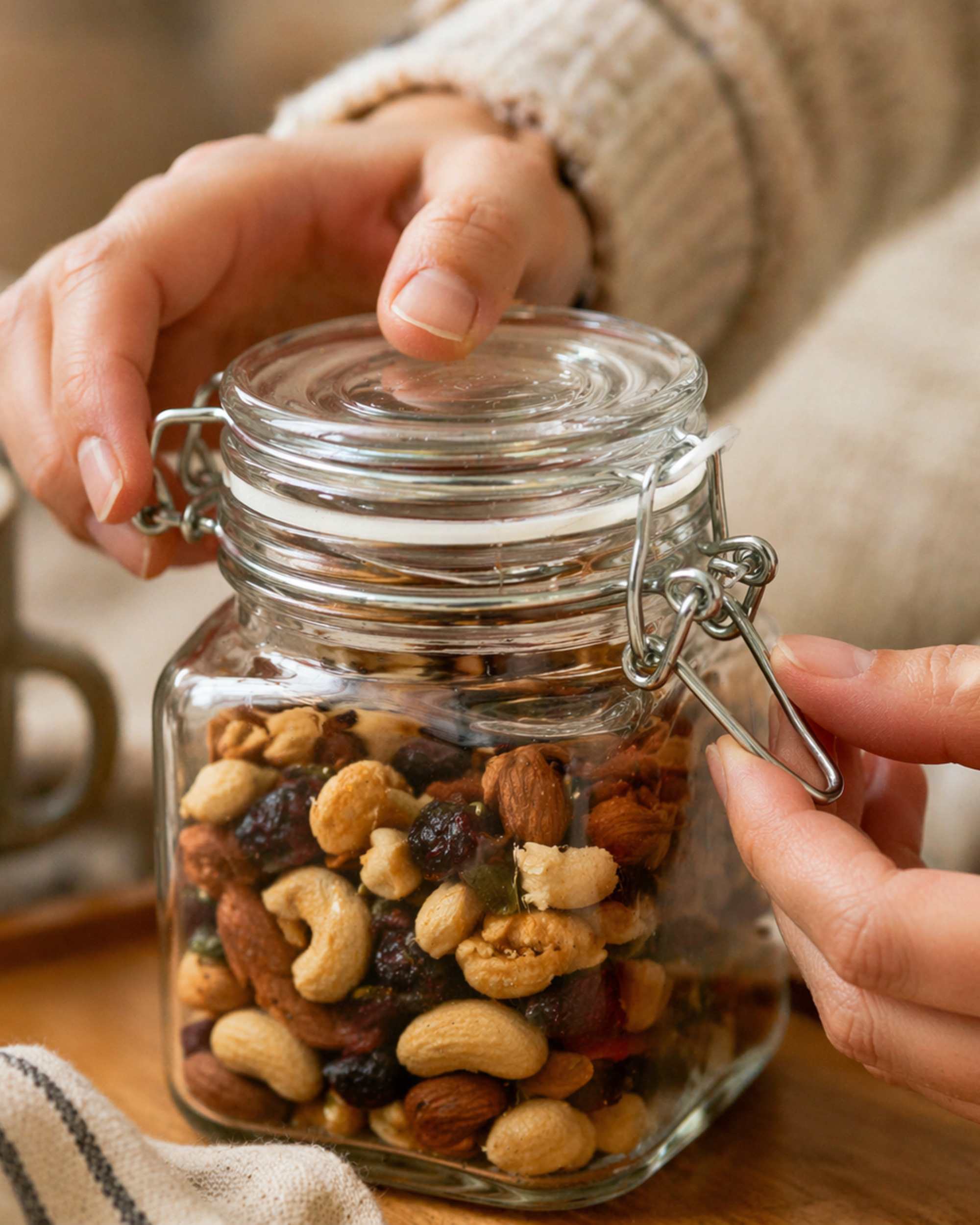 Airtight square glass jar with clip-top lid, being closed by hands
